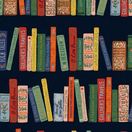 Rifle Paper Co, Curio - Book Club - Navy Metallic Canvas Fabric, 1/4 yard