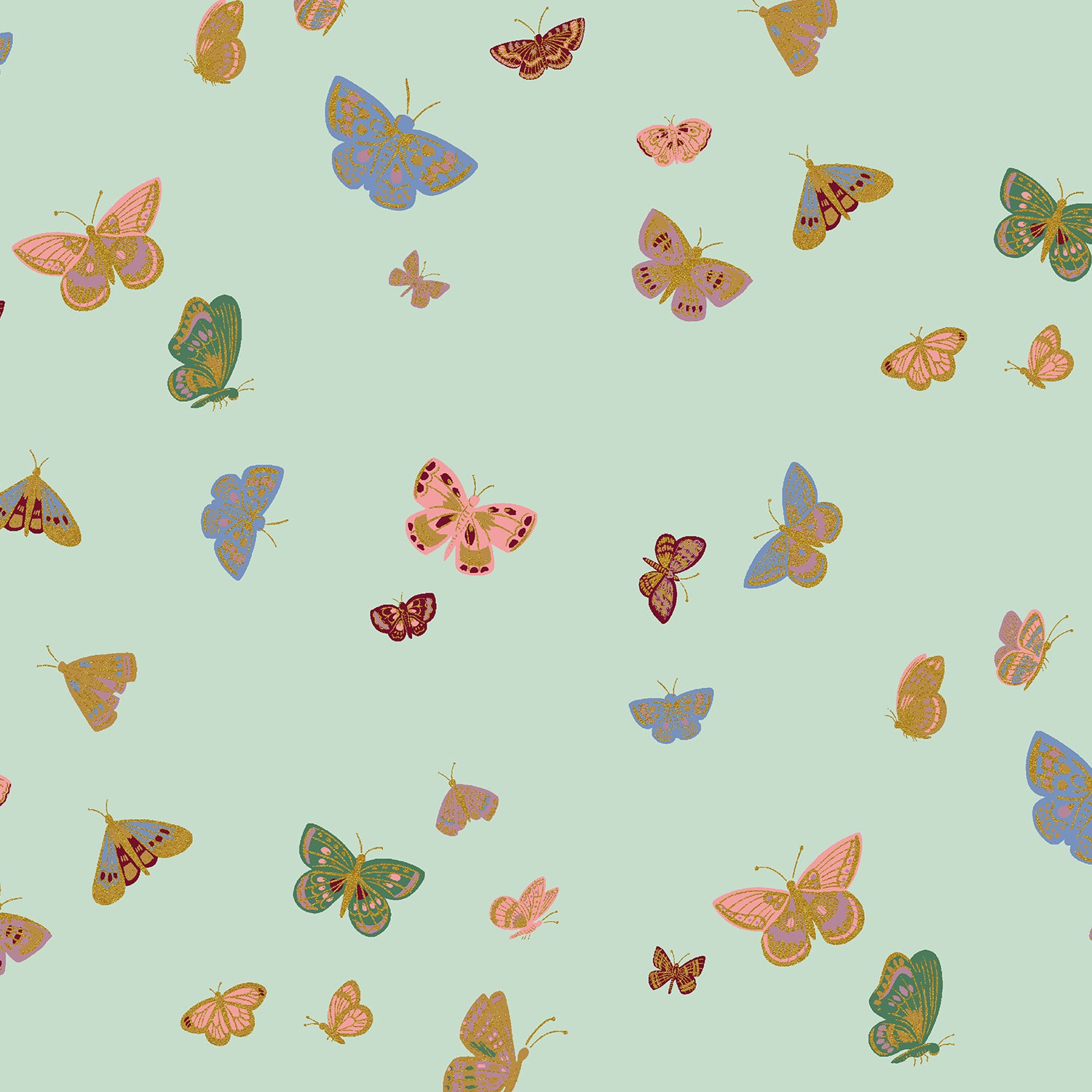 Rifle Paper Co. English Rose - Butterfly House - Mint Metallic Fabric, 1/4 yard