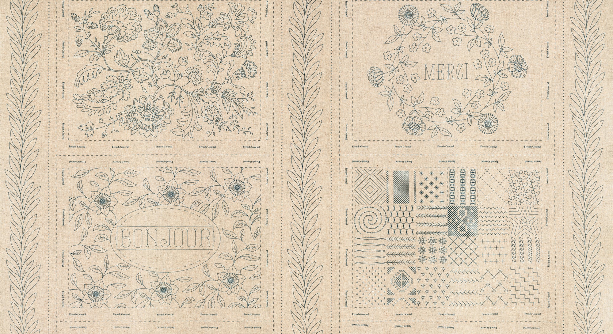 French General, Broderie Bonheur De Jour Roche Sampler Panel, Roche