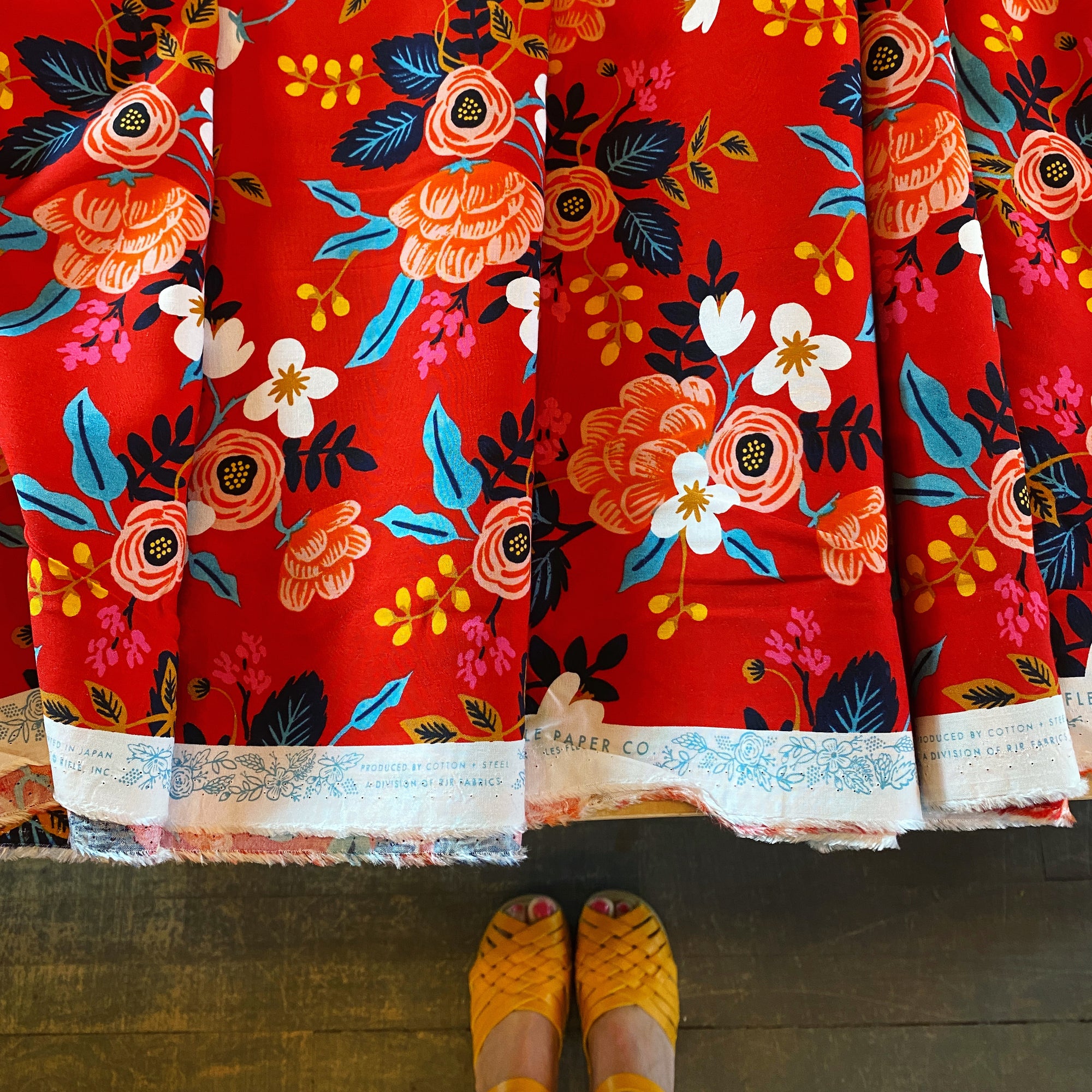 Remnant Rifle Paper Co., Les Fleurs - Birch Floral -Red Rayon Fabric, 2.25 yards
