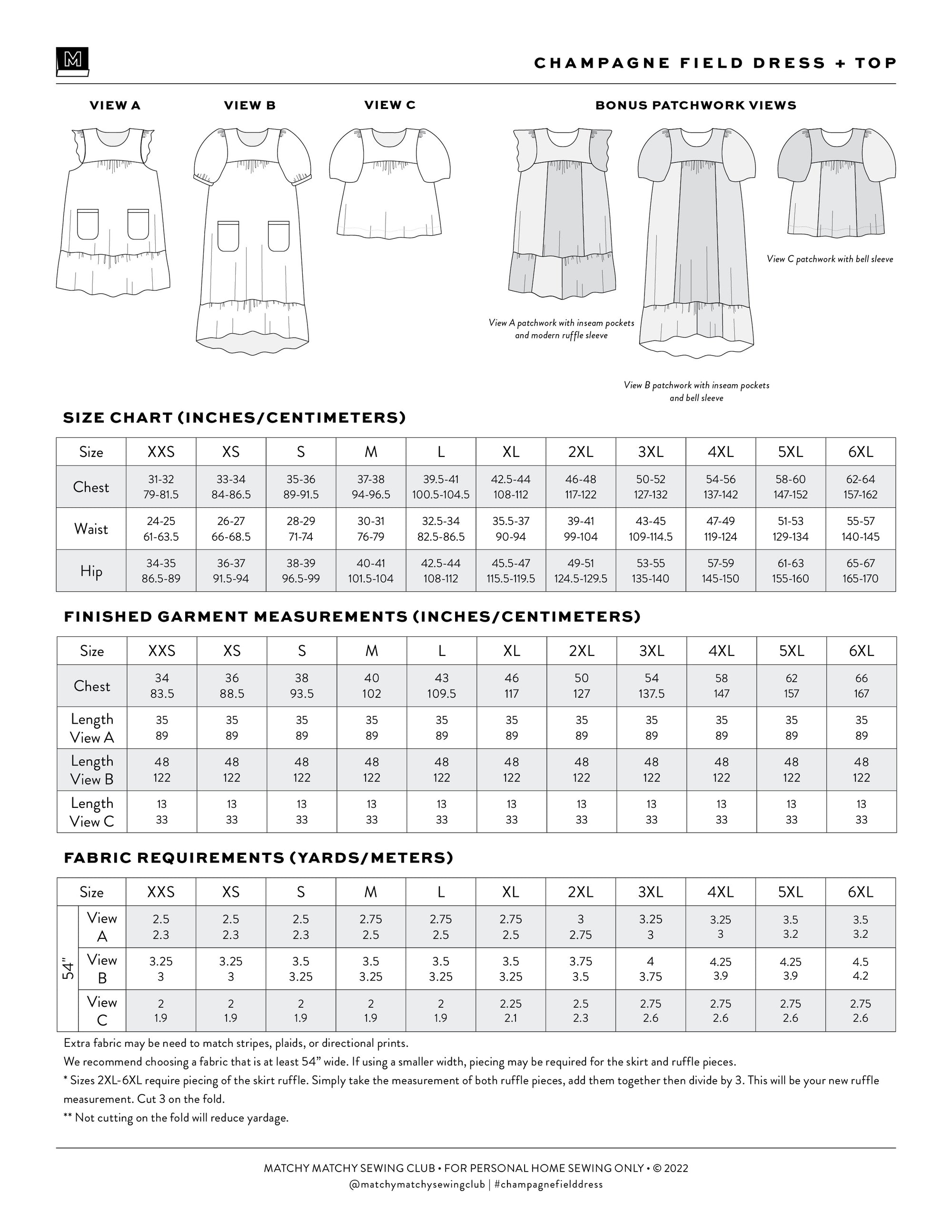 Matchy Matchy Sewing Club, Champagne Field Dress or Top, Digital PDF Pattern