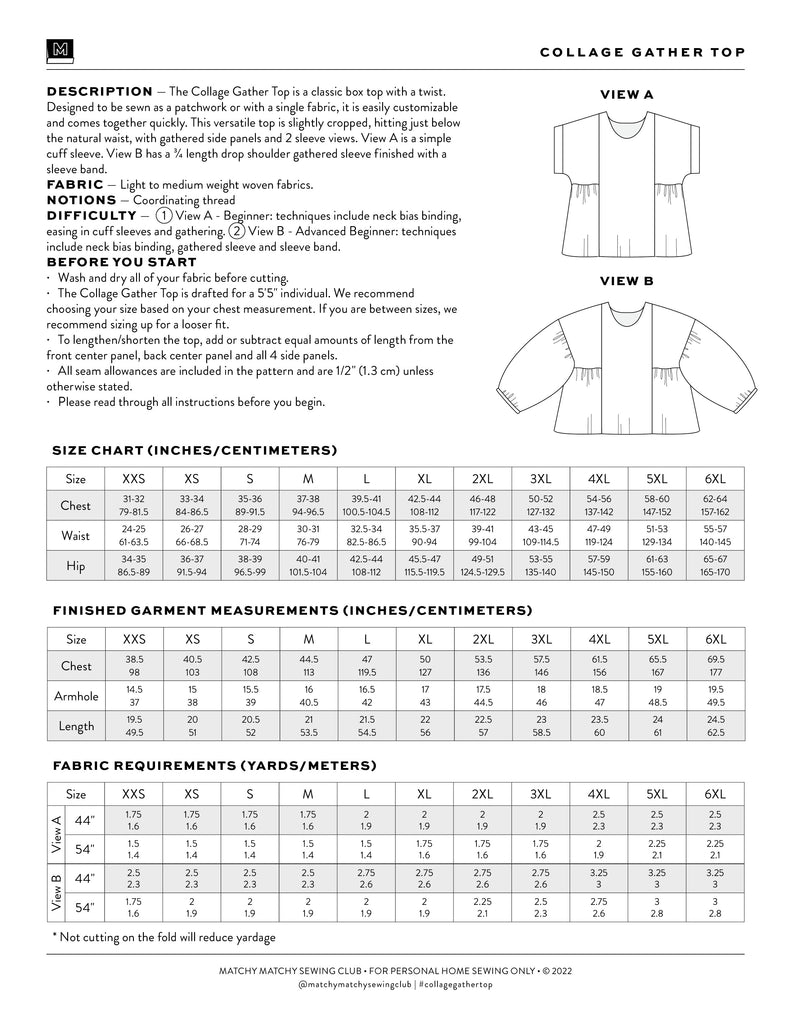 Matchy Matchy Sewing Club, Collage Gather Top, PDF Pattern (with or without printing)