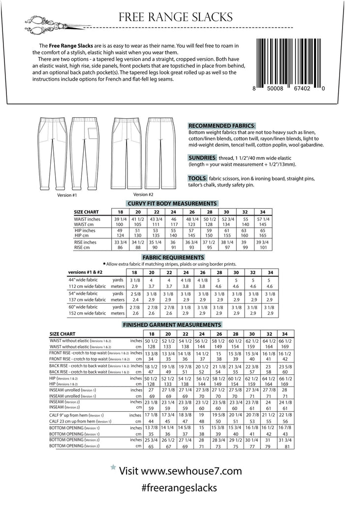 Sew House Seven, Free Range Slacks Pattern, two size ranges