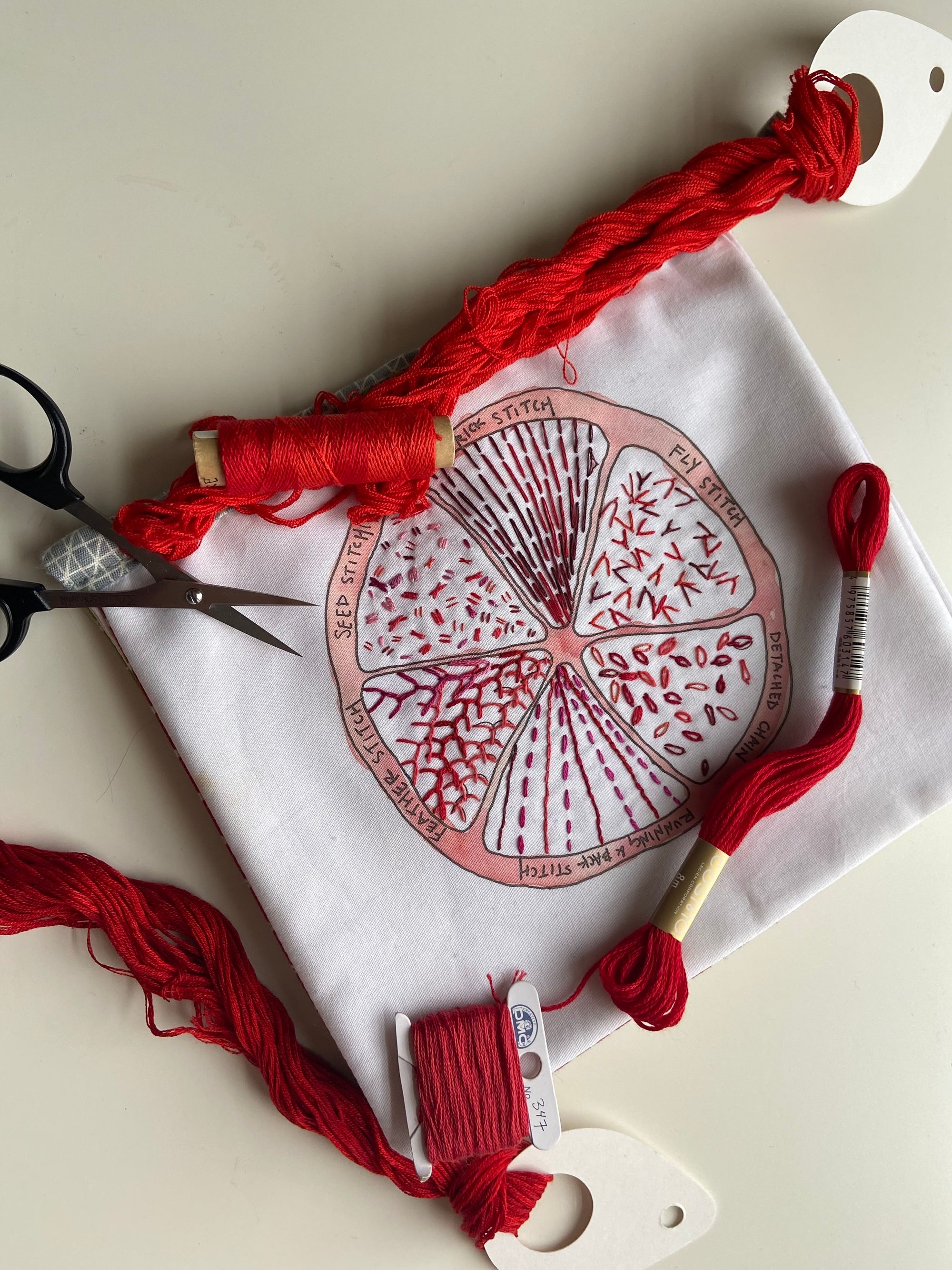 Red Citrus Embroidery Sampler by Seed Stitch Studio