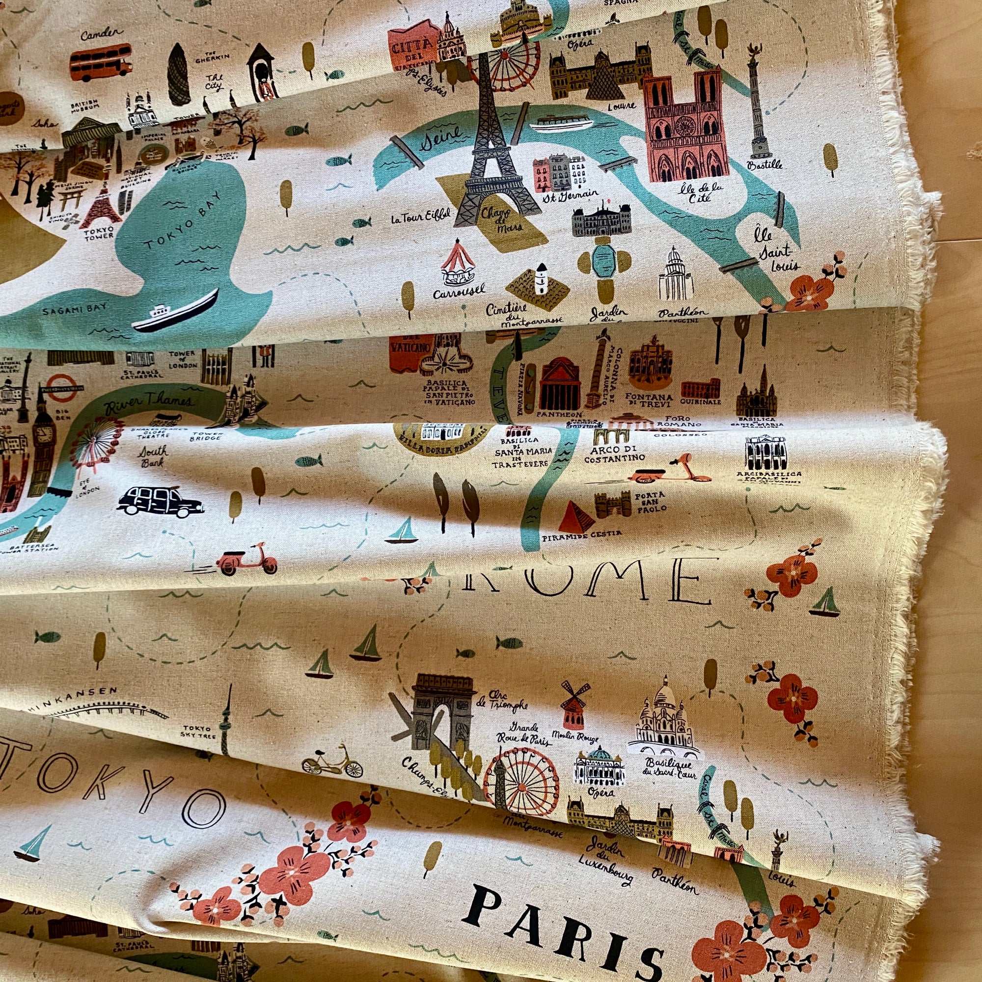 Les Fleurs - City Maps - Natural Canvas White Pigment Fabric, ~24" repeat panel
