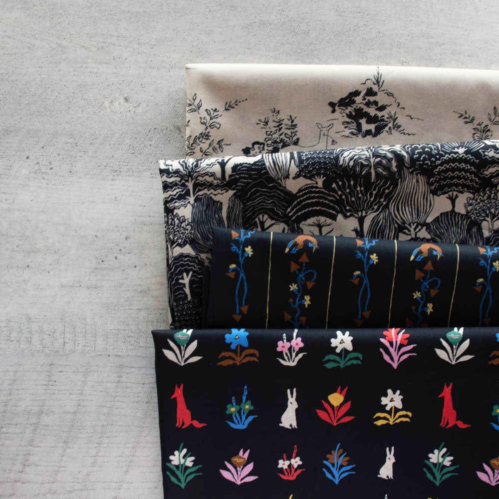 Birch Organic There was a Fox by Emily Isabella, Cotton Lawn, Fox and Squash Black, 1/4 yard