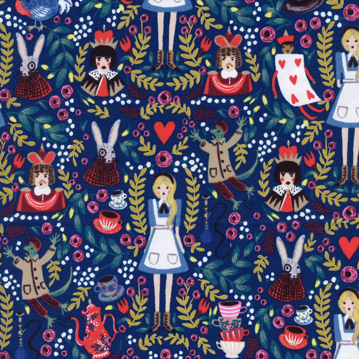 Rifle Paper Co., Wonderland - Navy Metallic Fabric, 1/4 yard