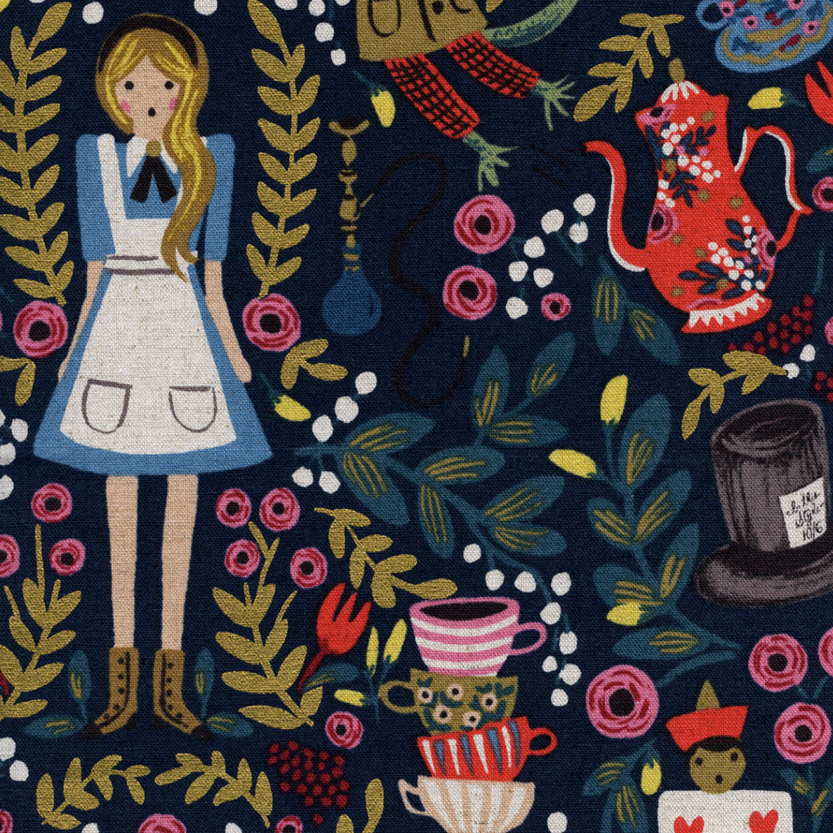 Rifle Paper Co, Wonderland - Navy Canvas Fabric, 1/4 yard