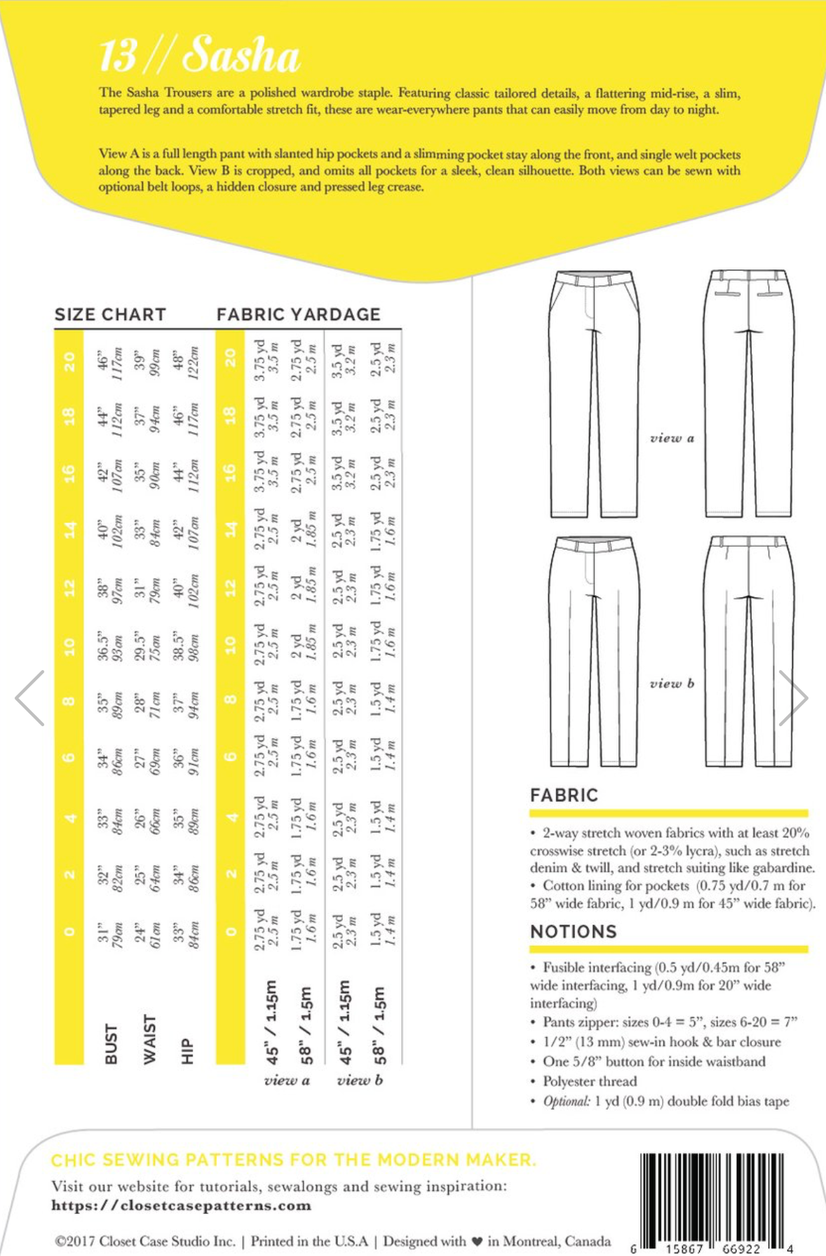 Closet Case Patterns, Sasha Pants Pattern - Lakes Makerie - Minneapolis, MN