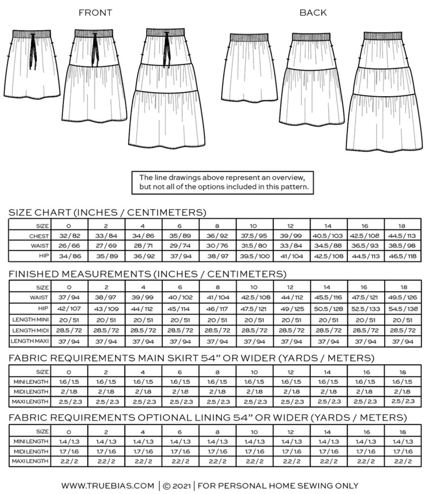 True Bias Mave Skirt Pattern, two size ranges