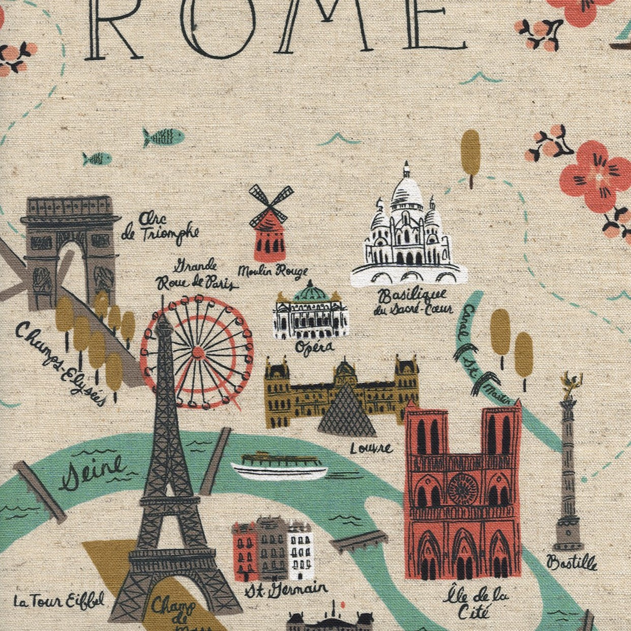 Les Fleurs - City Maps - Natural Canvas White Pigment Fabric, ~24" repeat panel
