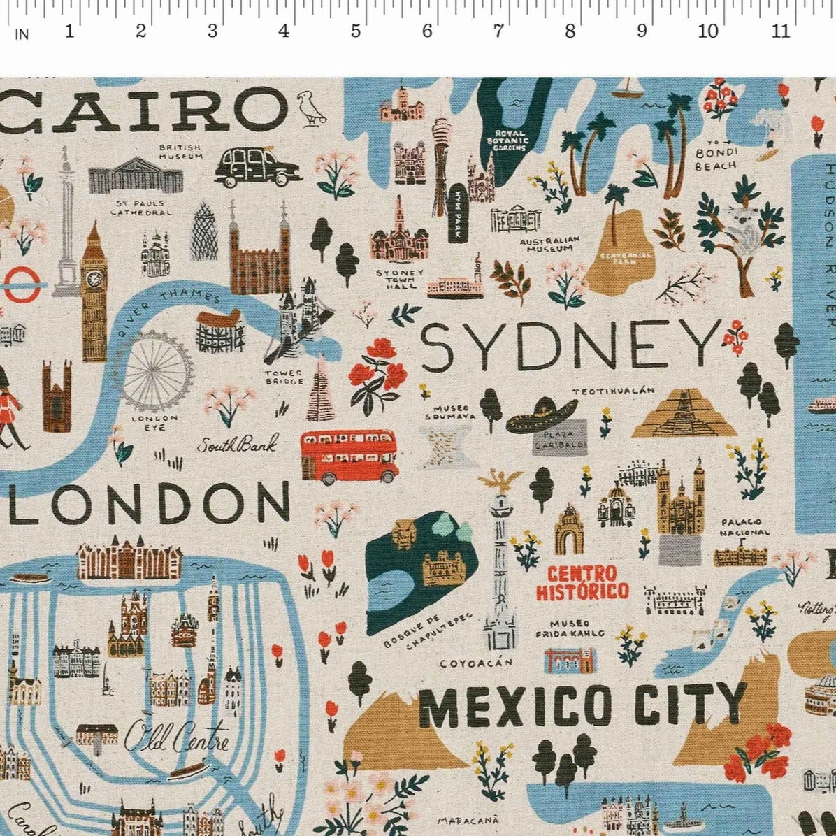 Rifle Paper Co, Bon Voyage - City Guide - Natural Unbleached Canvas Fabric, 1/4 yard