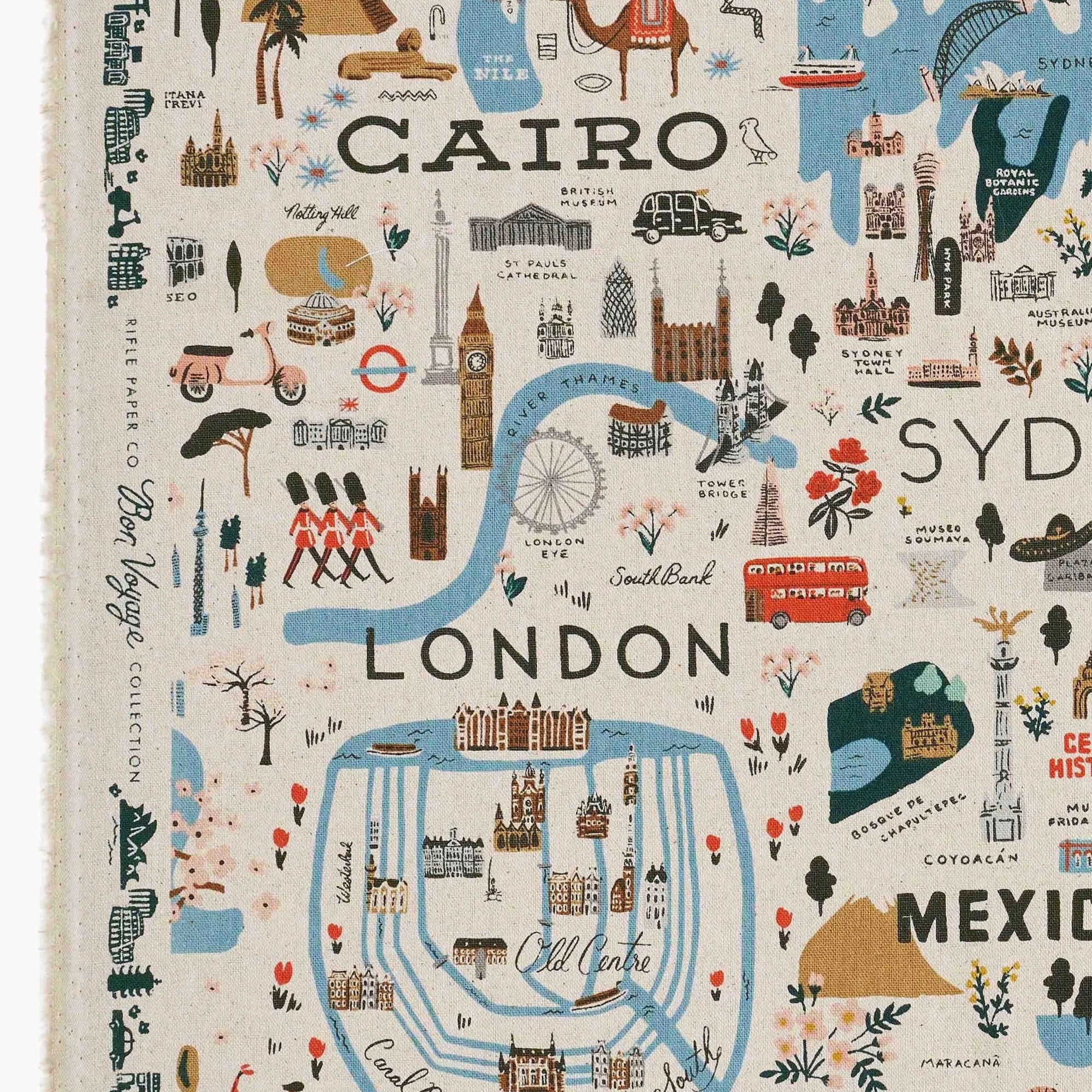 Rifle Paper Co, Bon Voyage - City Guide - Natural Unbleached Canvas Fabric, 1/4 yard