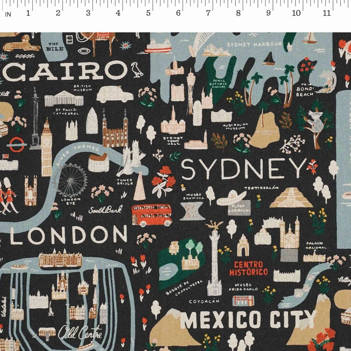 Rifle Paper Co, Bon Voyage - City Guide - Black Canvas Fabric, 1/4 yard