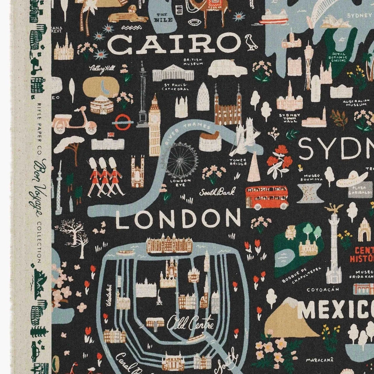 Rifle Paper Co, Bon Voyage - City Guide - Black Canvas Fabric, 1/4 yard