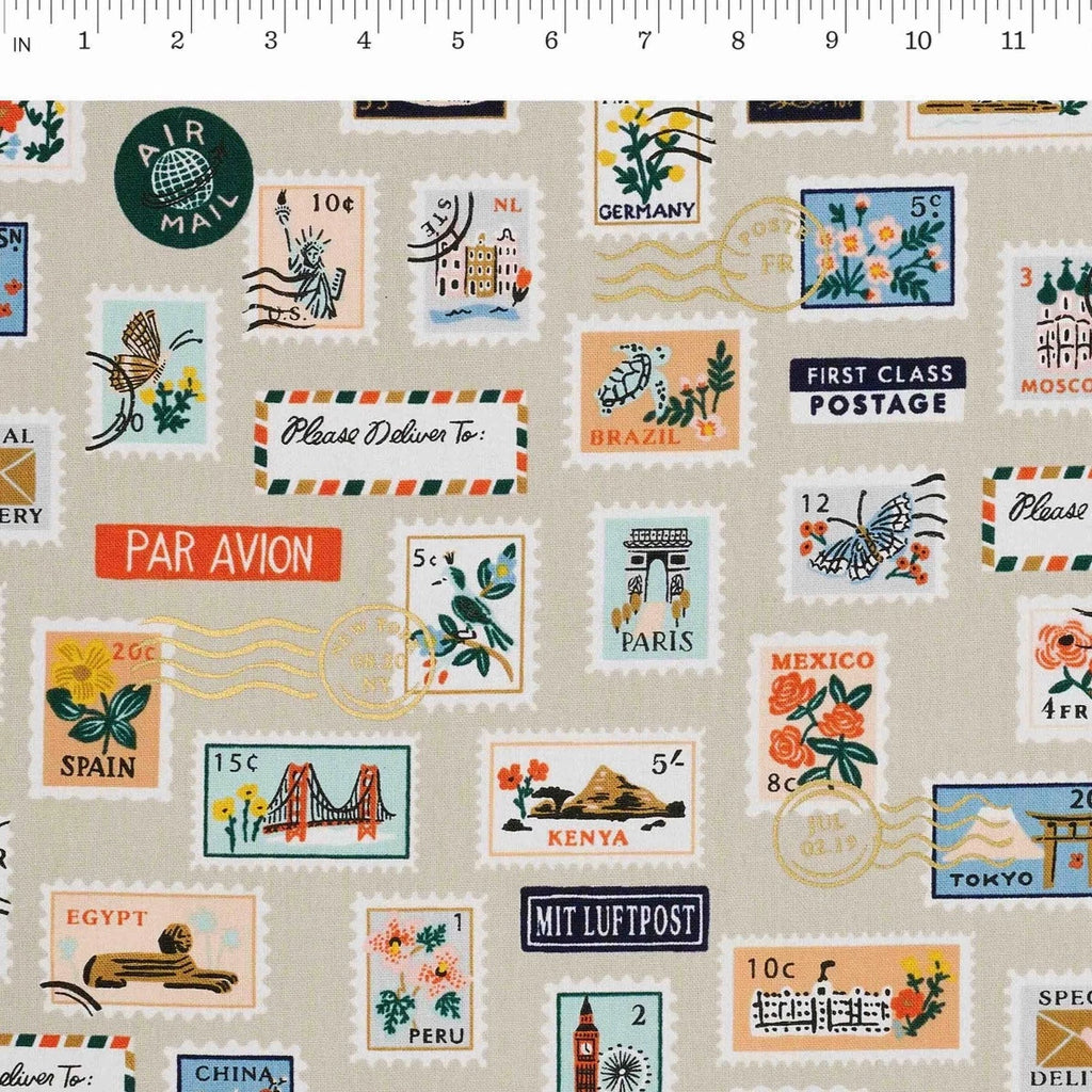 Rifle Paper Co, Bon Voyage - Postage Stamps - Natural Unbleached Metallic Canvas Fabric, 1/4 yard