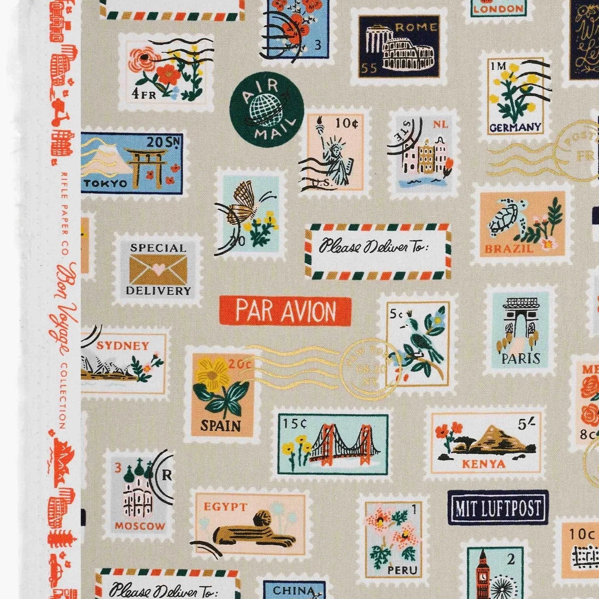 Rifle Paper Co, Bon Voyage - Postage Stamps - Natural Unbleached Metallic Canvas Fabric, 1/4 yard