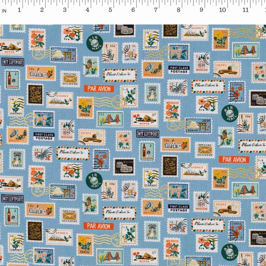 Rifle Paper Co, Bon Voyage - Postage Stamps -Blue Metallic Fabric, 1/4 yard