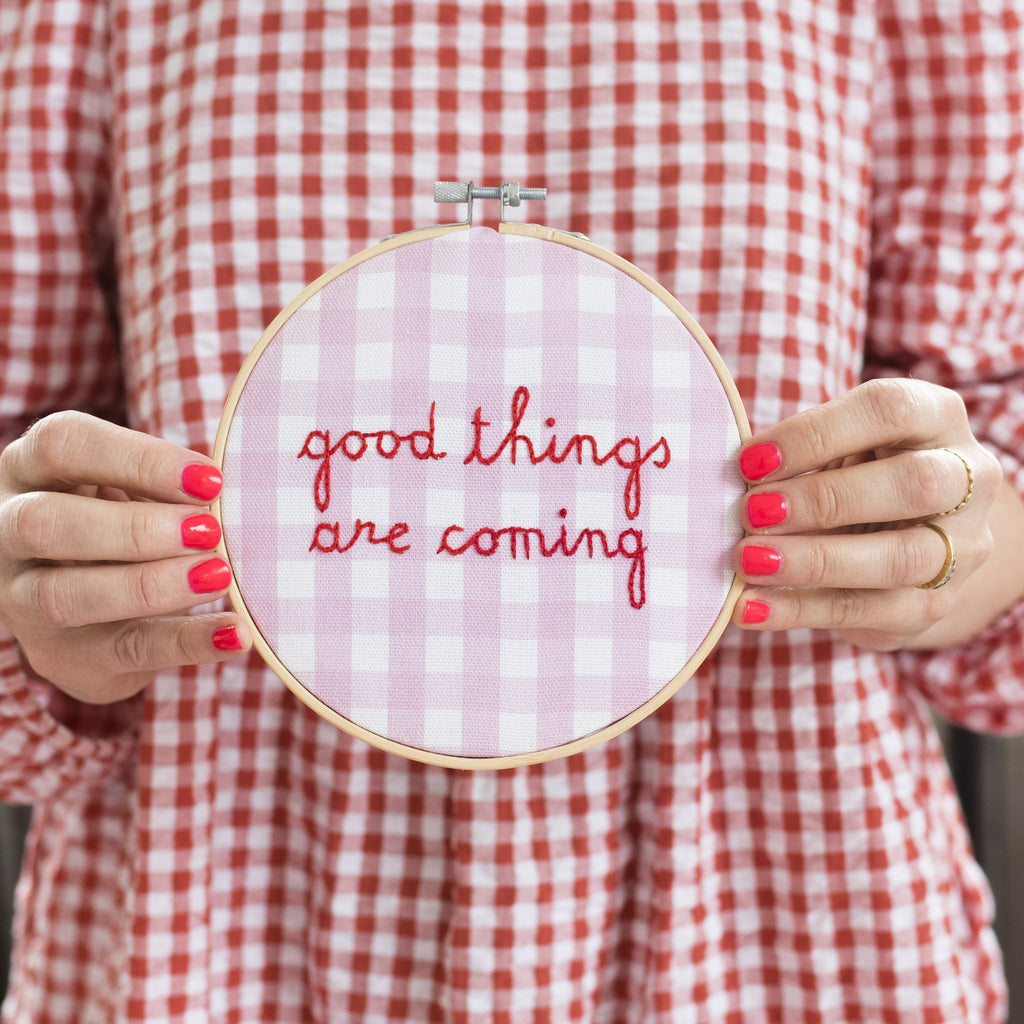 Cotton Clara, Good Things Are Coming Gingham Hoop Embroidery Kit