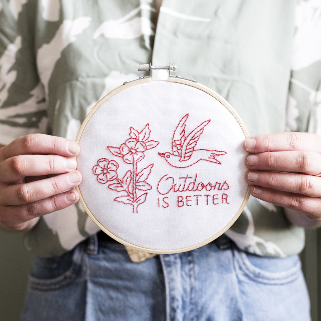 Cotton Clara, Outdoors is Better Hoop Embroidery Kit - White fabric, red thread