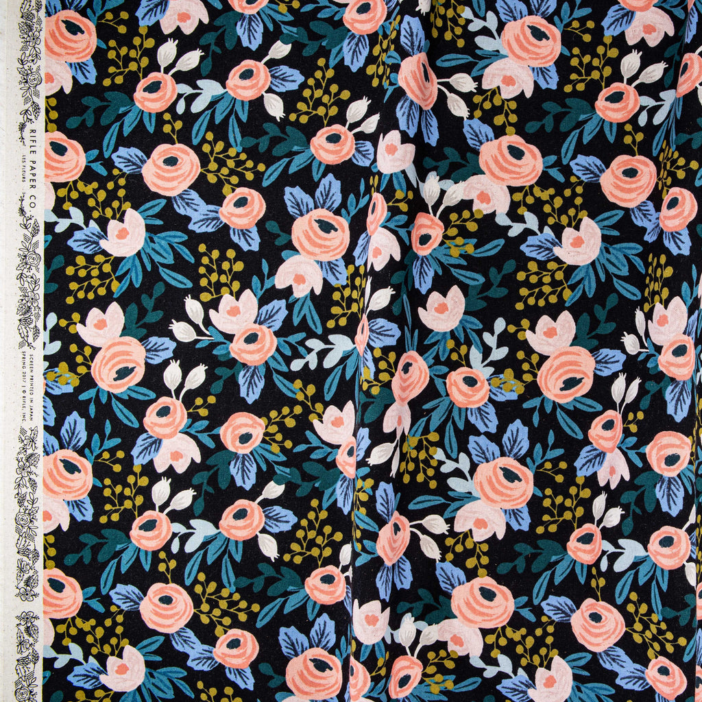 Rifle Paper Co., Garden Party- Rosa - Black Unbleached Canvas Fabric, 1/4 yard