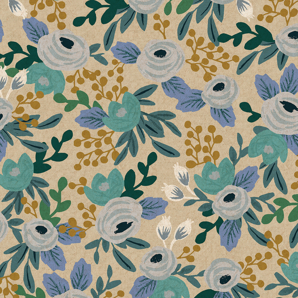 Rifle Paper Co., Garden Party - Rosa - Blue Unbleached Canvas Fabric, 1/4 yard