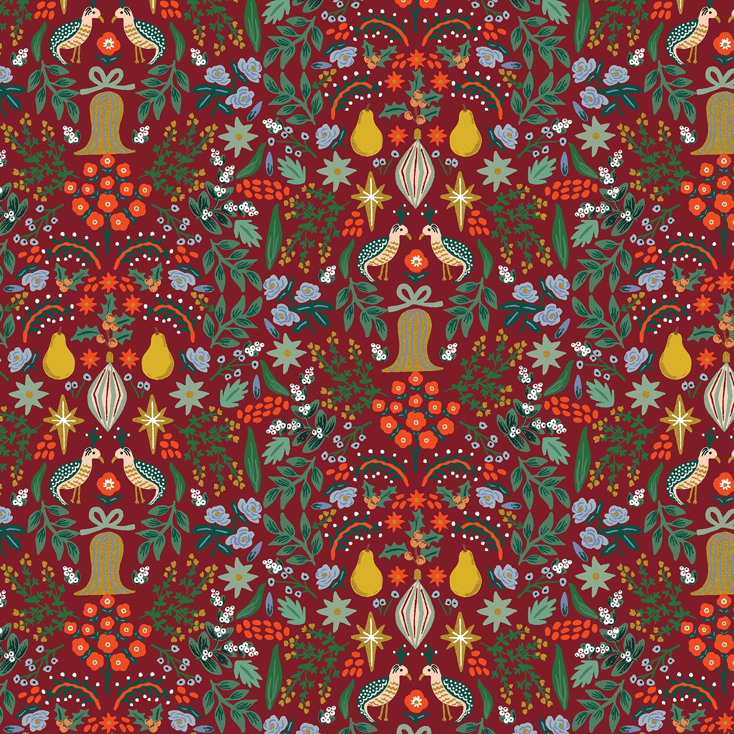 Rifle Paper Co, Holiday Classics - Partridge - Berry Metallic Fabric, 1/4 yard