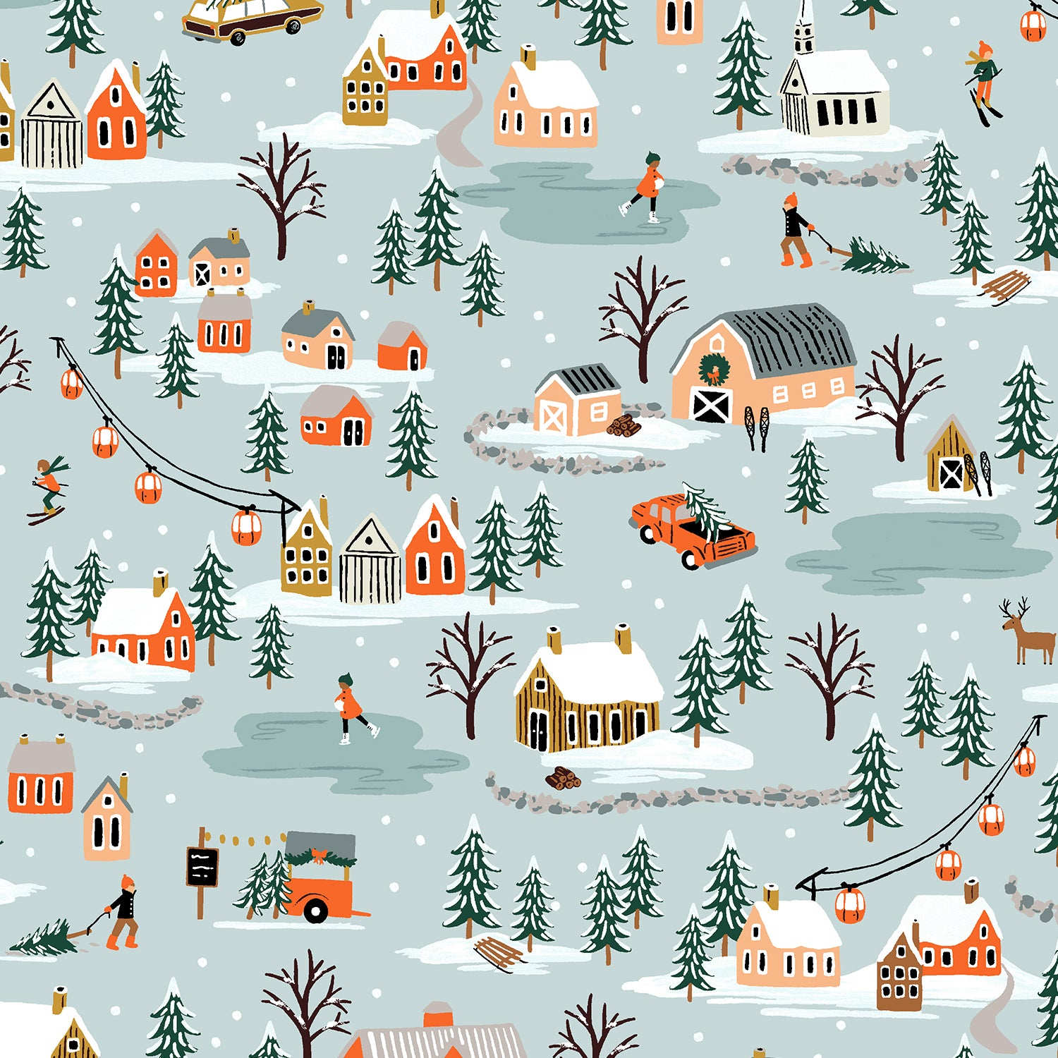 Rifle Paper Co, Holiday Classics - Holiday Village - Mint Fabric, 1/4 yard