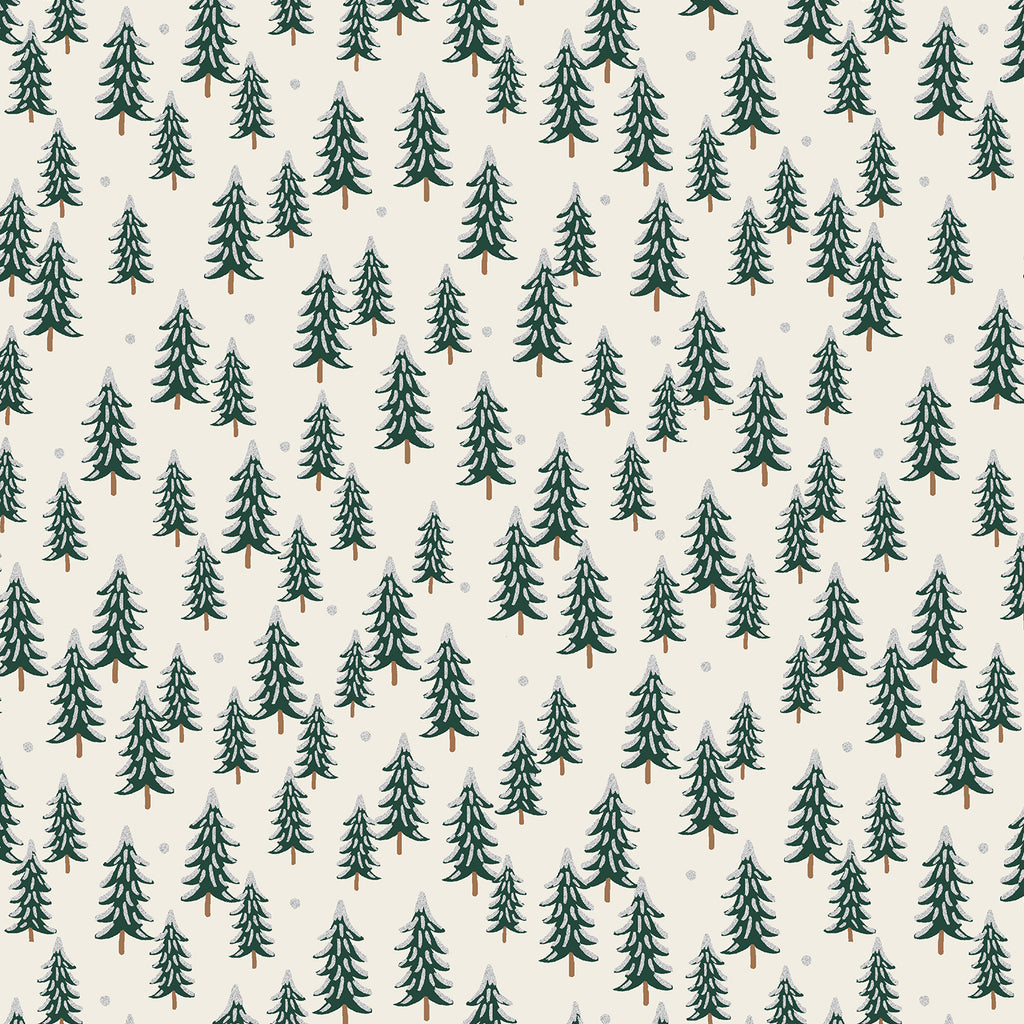 Rifle Paper Co, Holiday Classics - Fir Trees - Silver Metallic Fabric, 1/4 yard