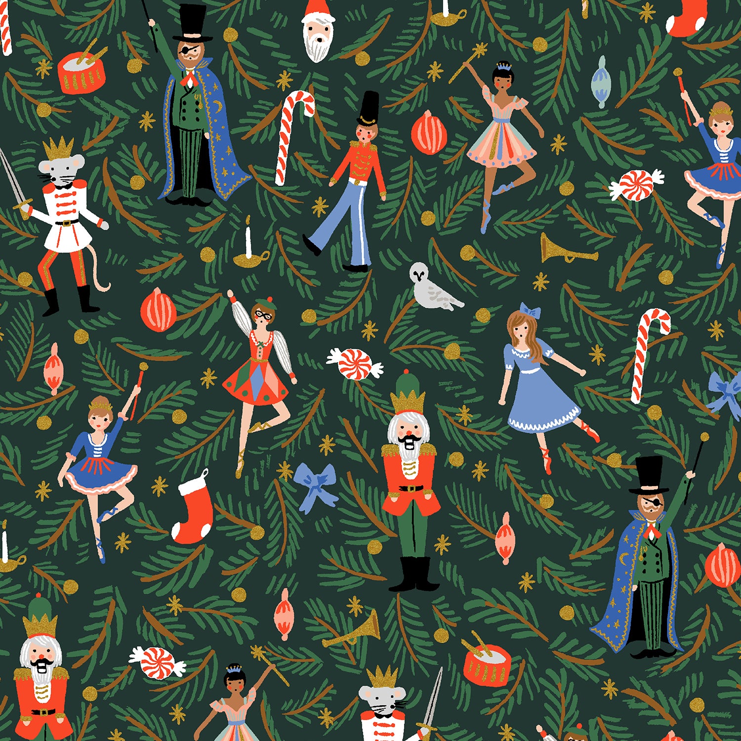 Rifle Paper Co, Holiday Classics - Nutcracker - Evergreen Canvas Metallic Fabric, 1/4 yard