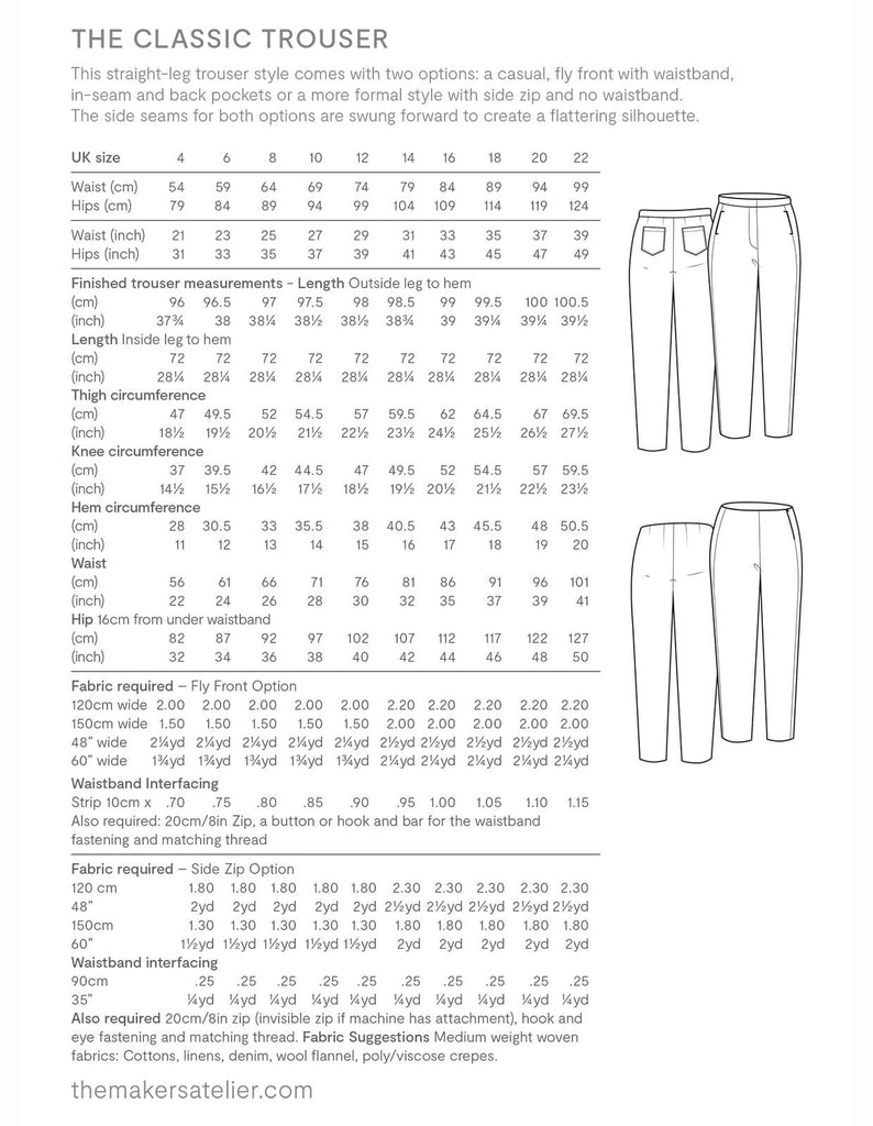 The Maker's Atelier, The Classic Trouser PDF Pattern, with or without printing