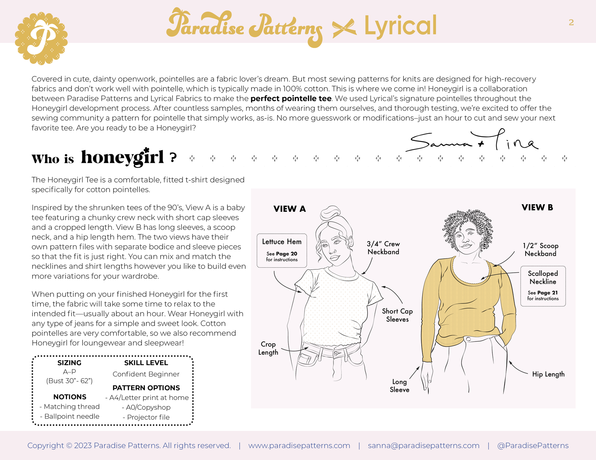 Paradise Patterns, Honeygirl Tee PDF Pattern