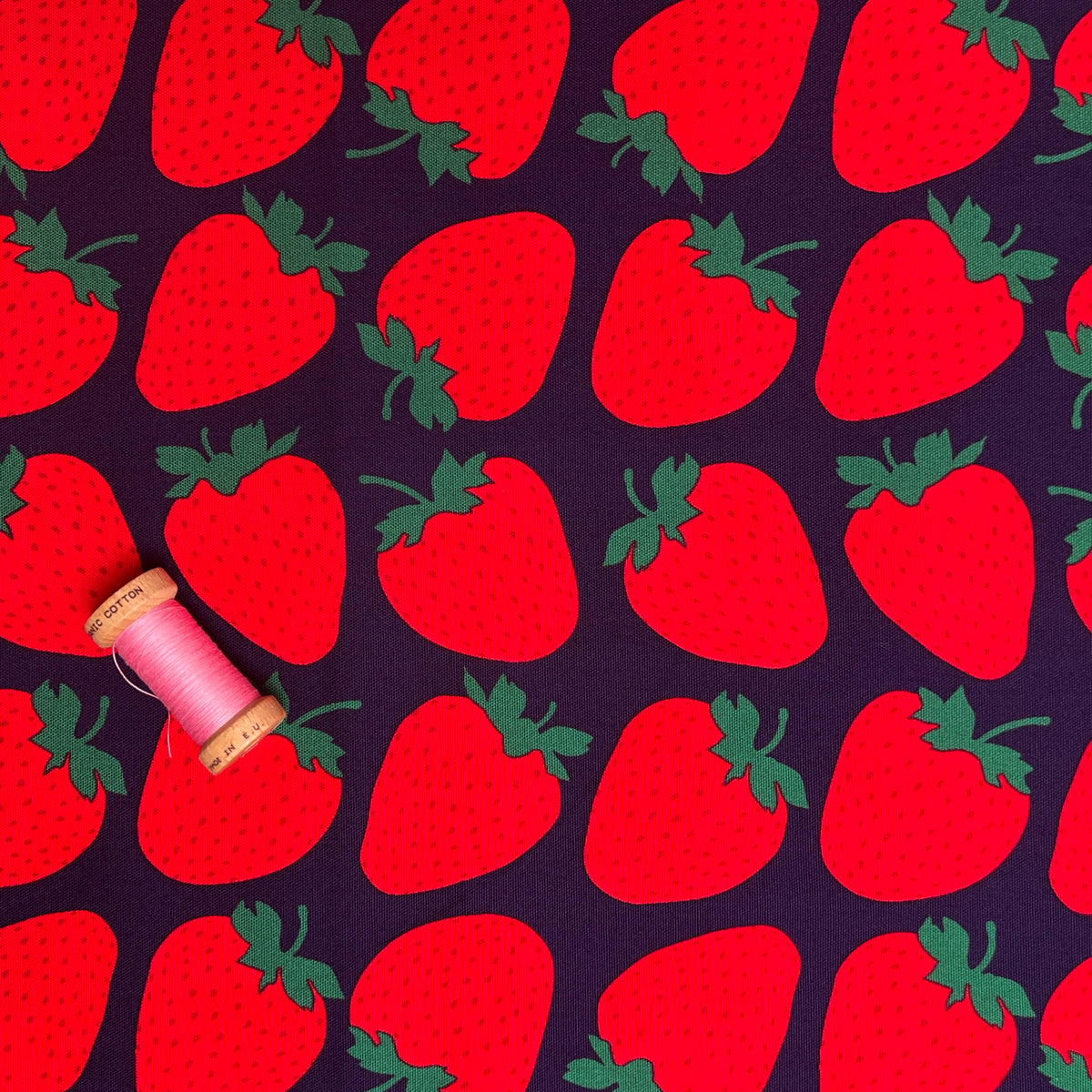 Sevenberry Large Strawberries, Oxford Canvas, Navy, 1/4 yard