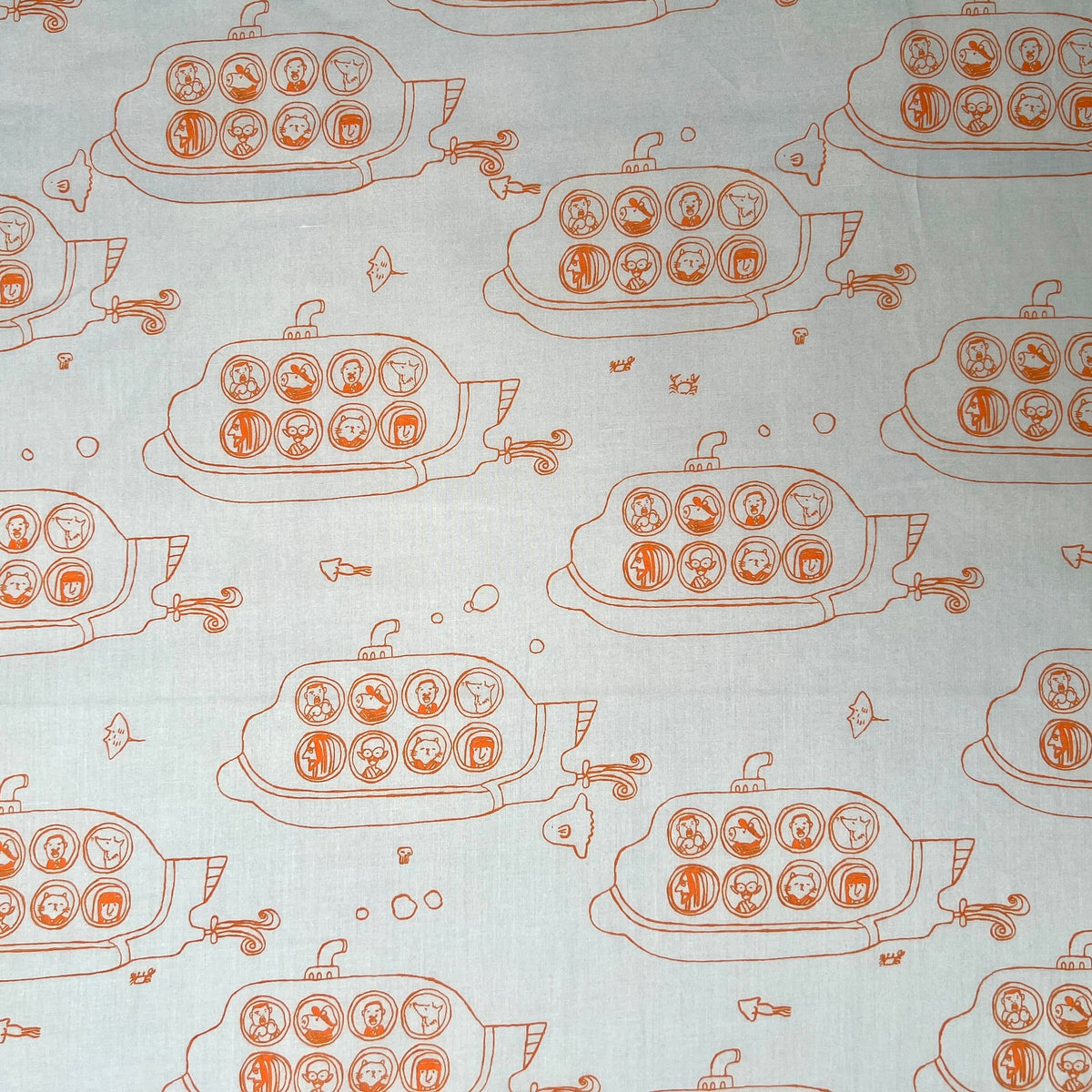 Hokkoh OSKikka, Famous People Submarine, Orange on White, 1/4 yard