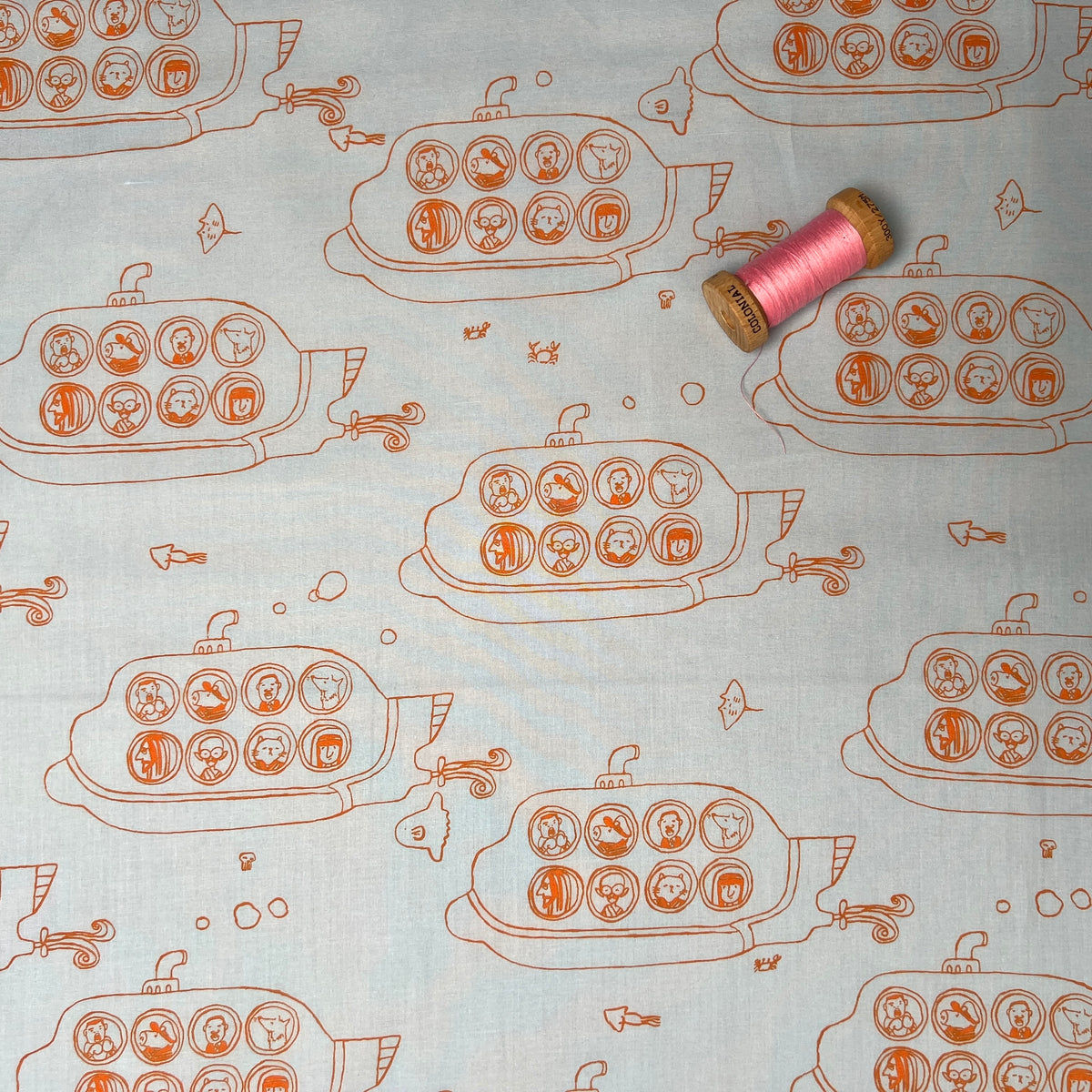 Hokkoh OSKikka, Famous People Submarine, Orange on White, 1/4 yard