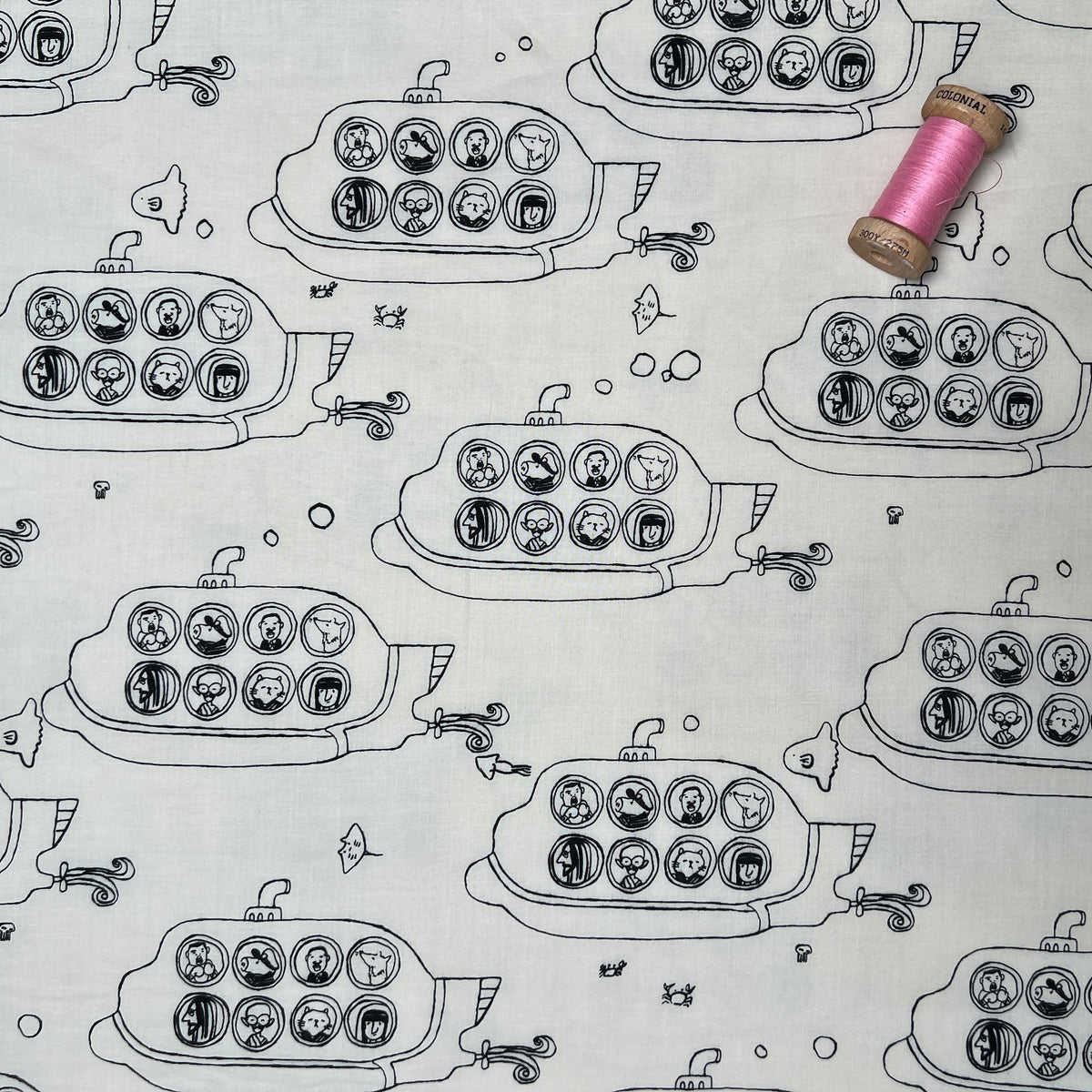 Hokkoh OSKikka, Famous People Submarine, Navy on White, 1/4 yard