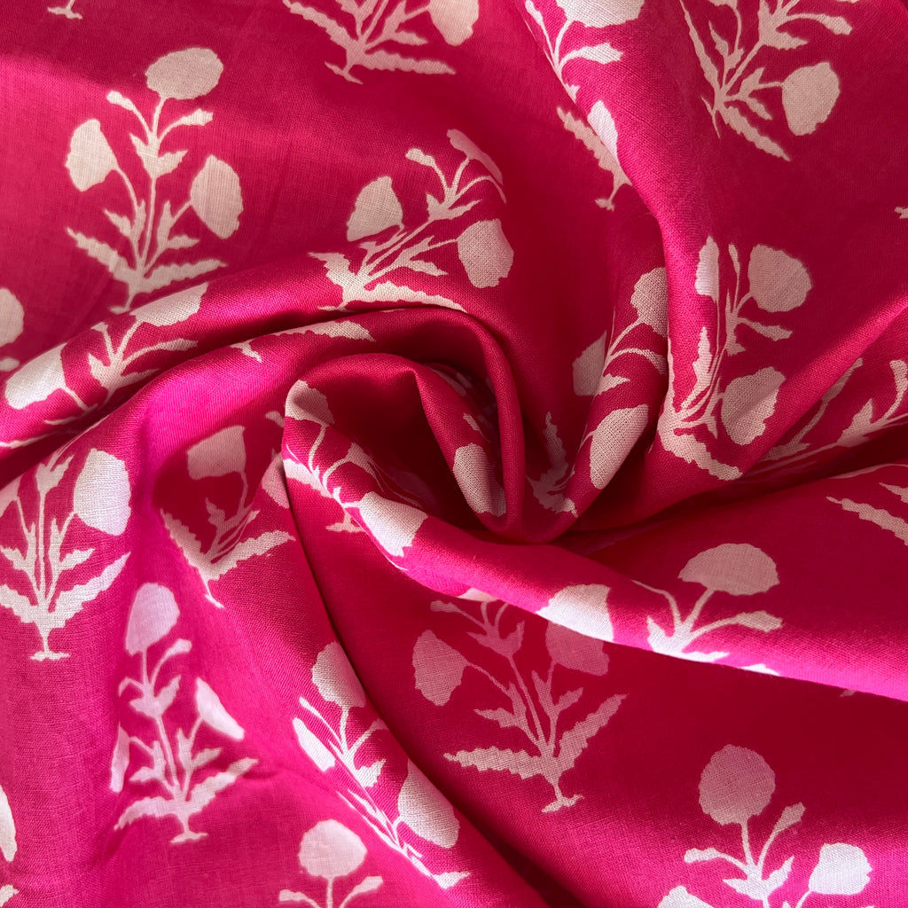 Indian organic cotton print, fuchsia with ivory floral silhouette , 1/4 yard