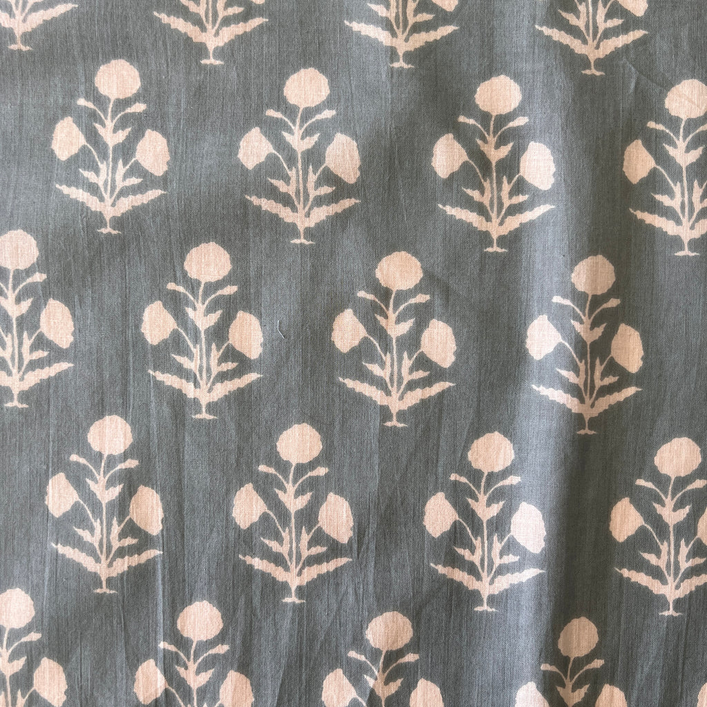 Indian organic cotton print, dusty blue with ivory floral silhouette , 1/4 yard