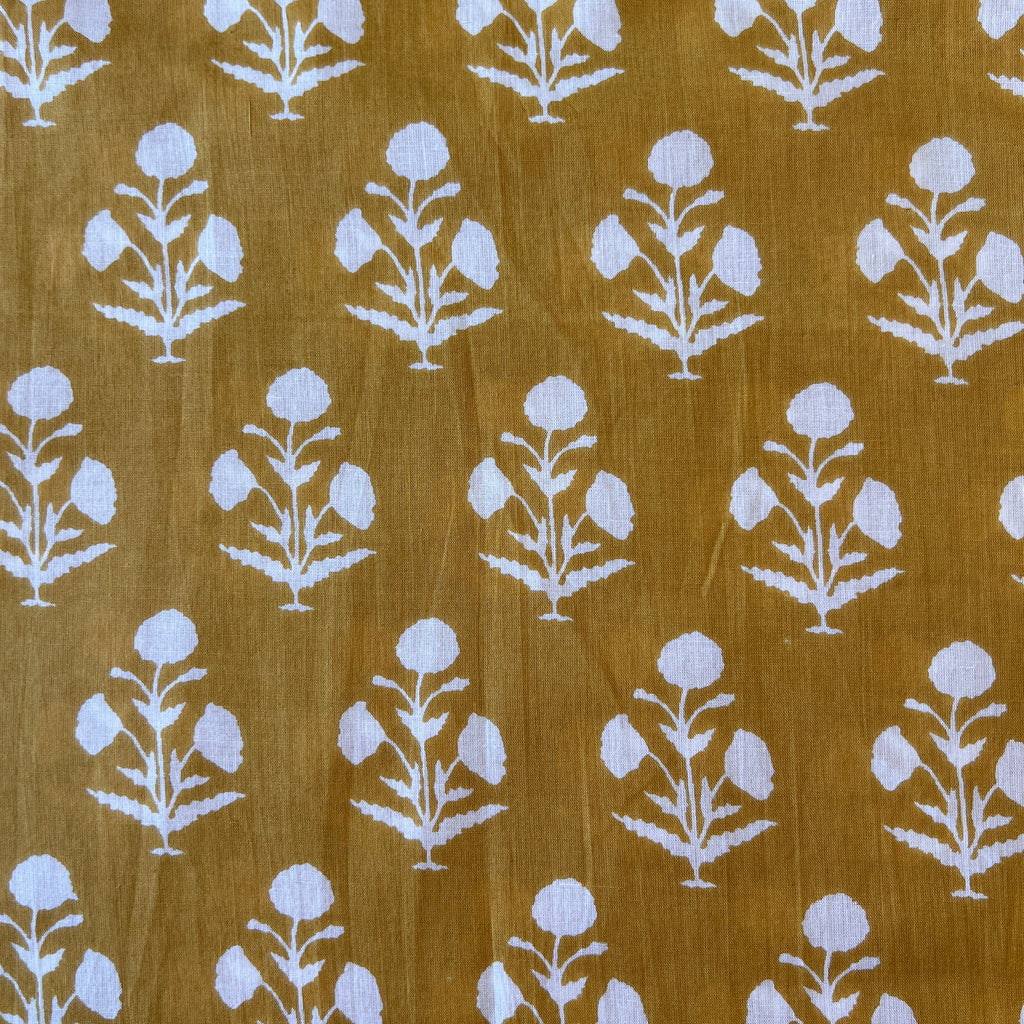 Indian organic cotton print, mustard with ivory floral silhouette , 1/4 yard