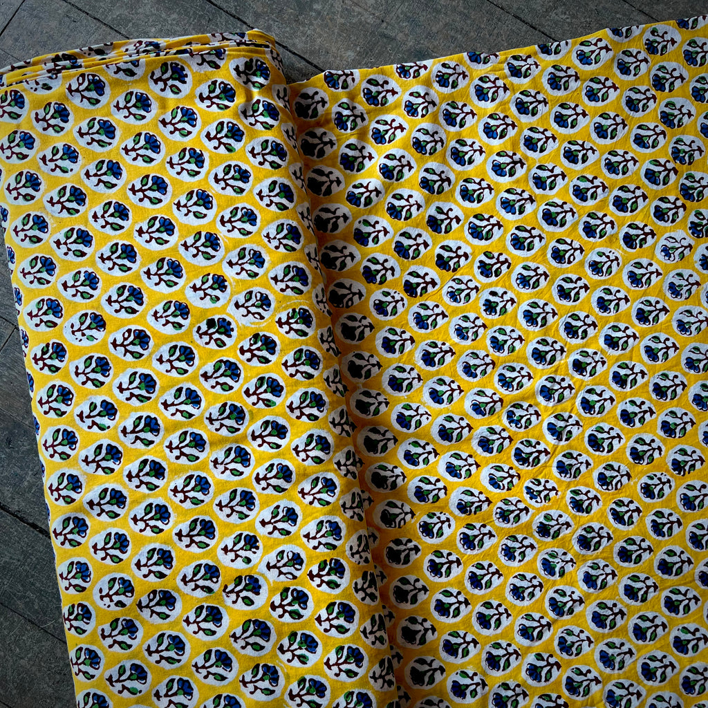 Indian block print organic, small blue flowers on bright yellow, 1/4 yard