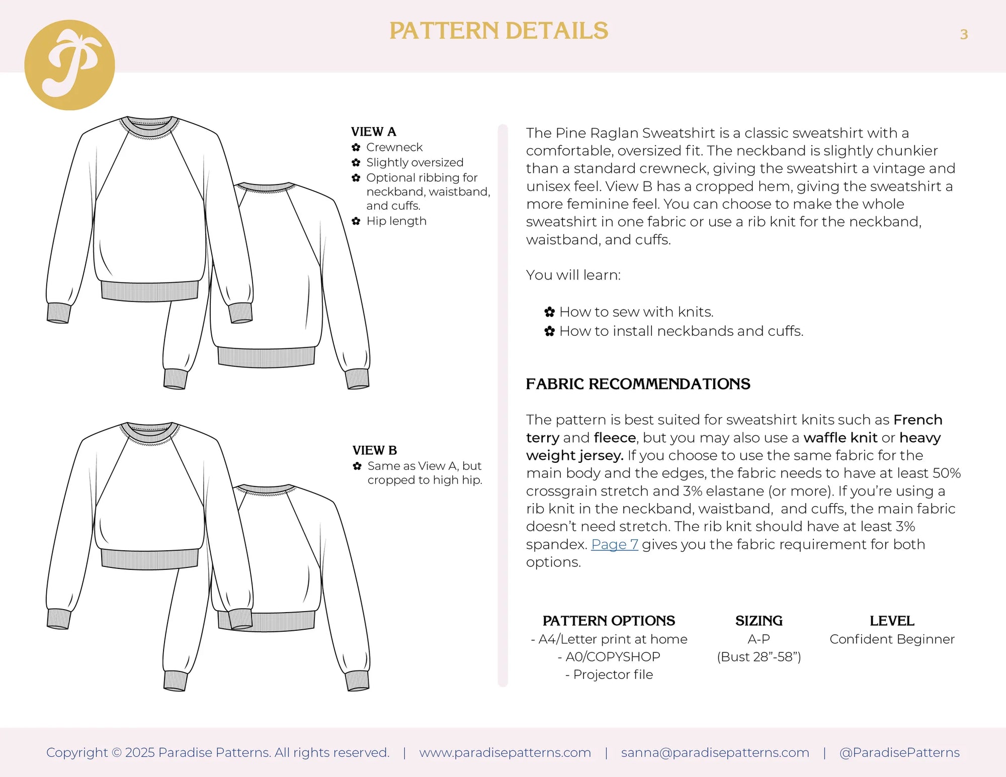 Paradise Patterns, Pine Raglan PDF Pattern