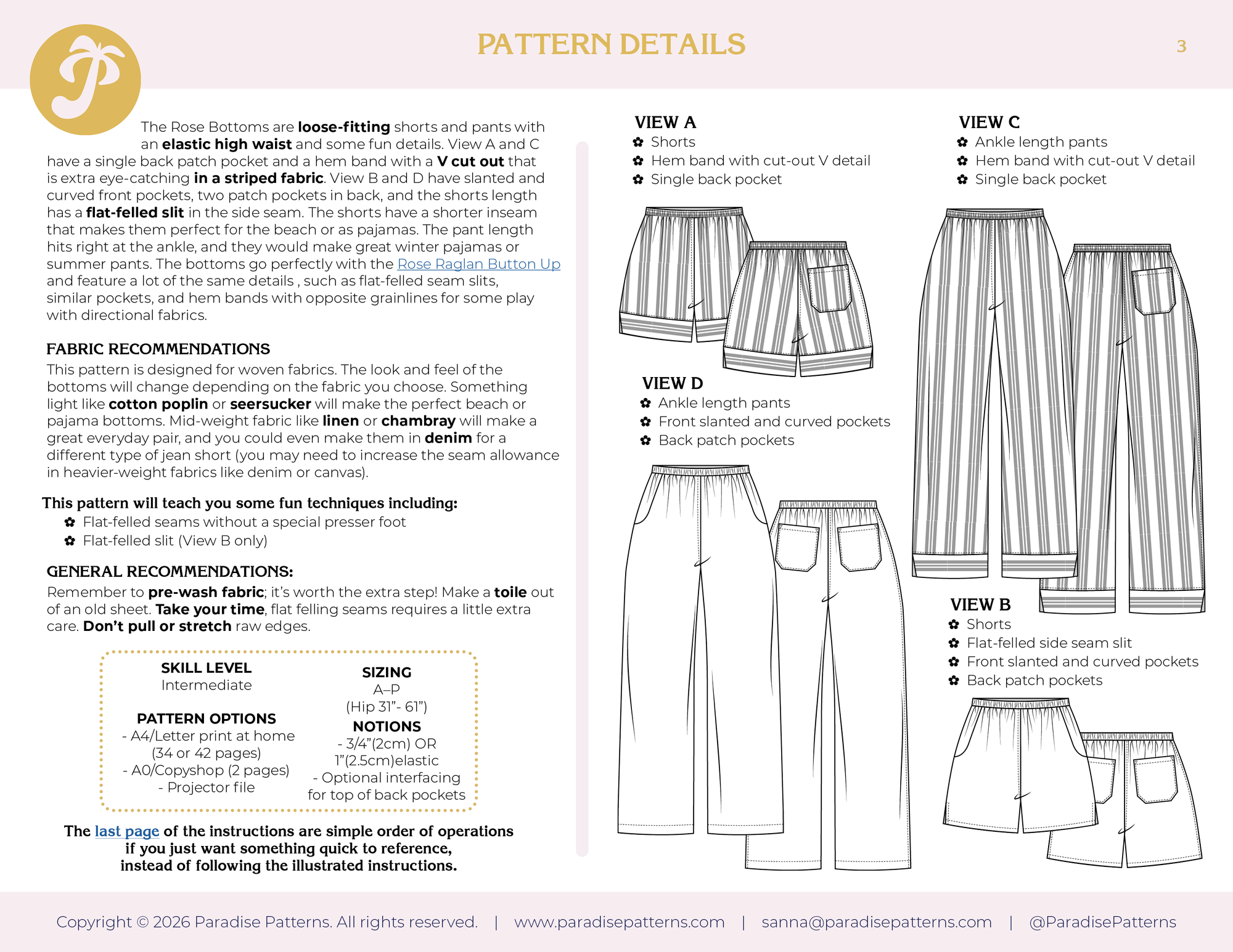 Paradise Patterns, Rose Bottoms PDF Pattern