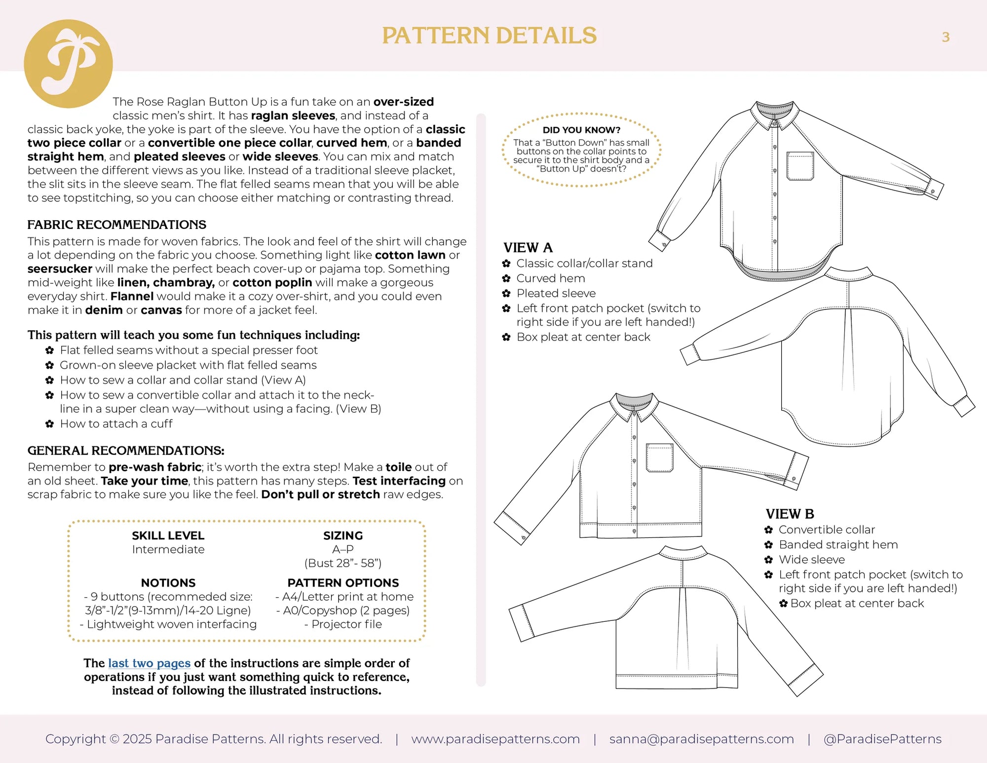 Paradise Patterns, Rose Raglan Button Up PDF Pattern
