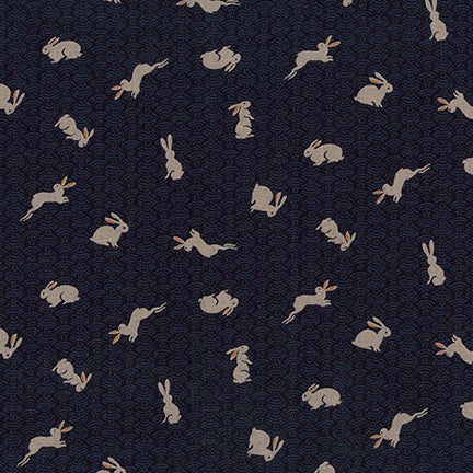 Sevenberry Kasuri Cotton Fabric, Rabbits on Indigo, 1/4 yard