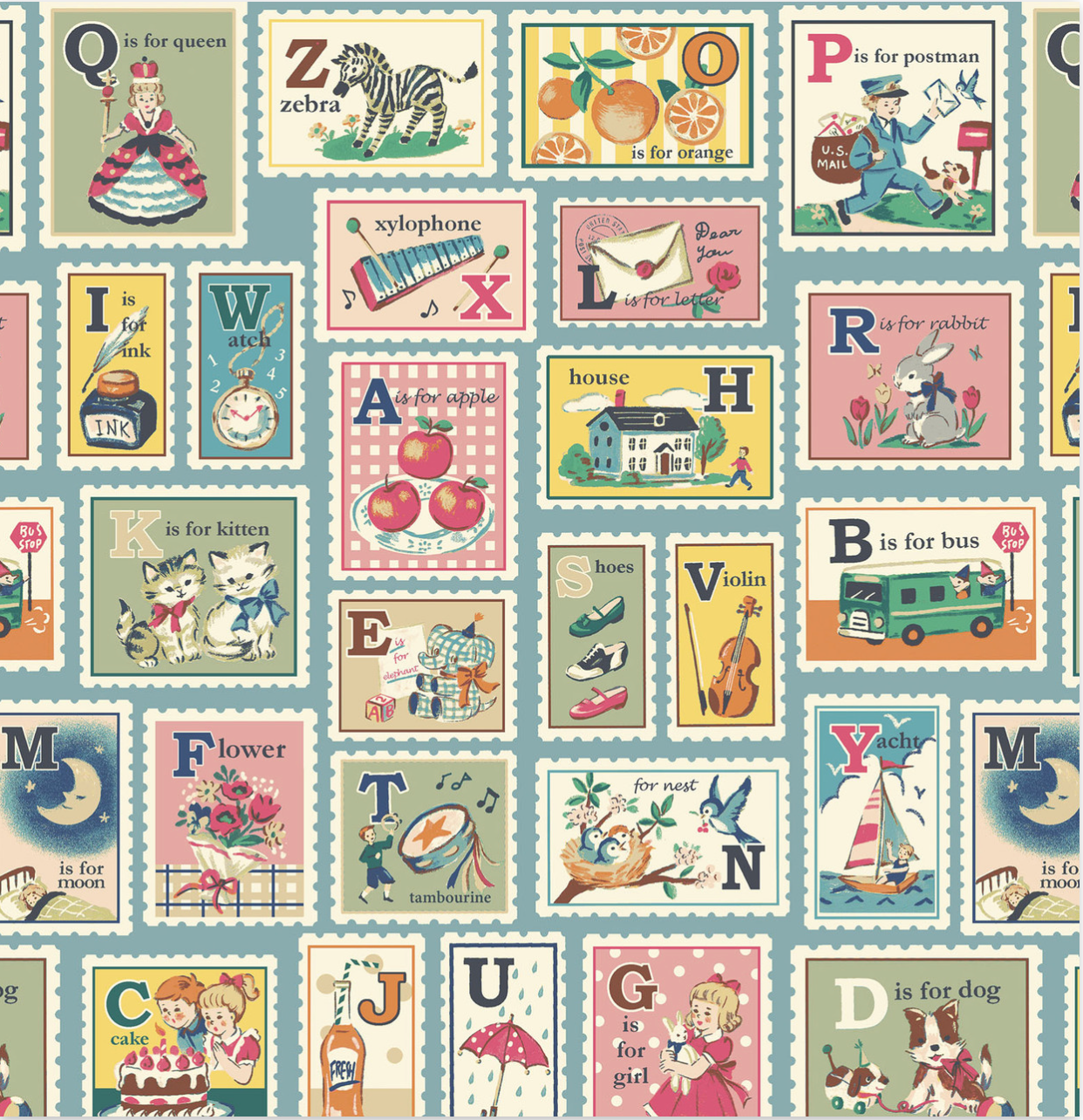 Dear Little World - Hello Again 2, blue,   1/4 yard