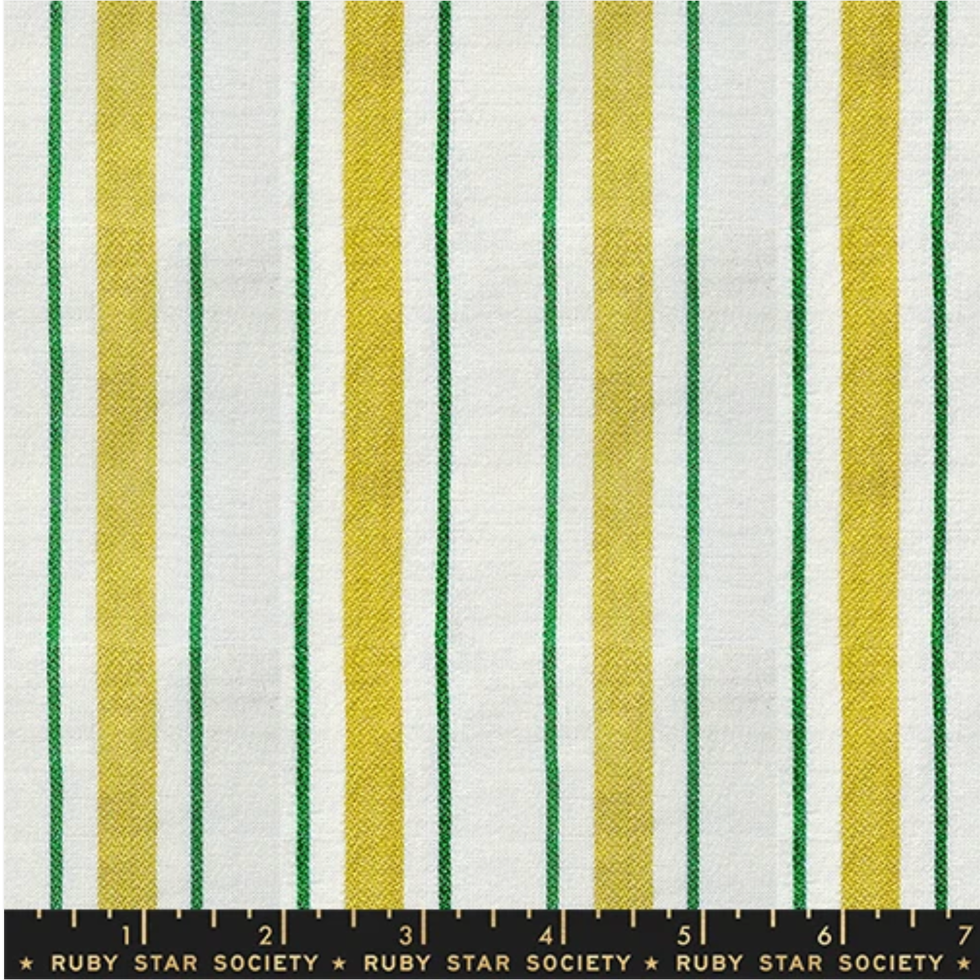 A close-up of a striped fabric pattern with alternating vertical stripes in grass green and mustard yellow on an off-white woven background.