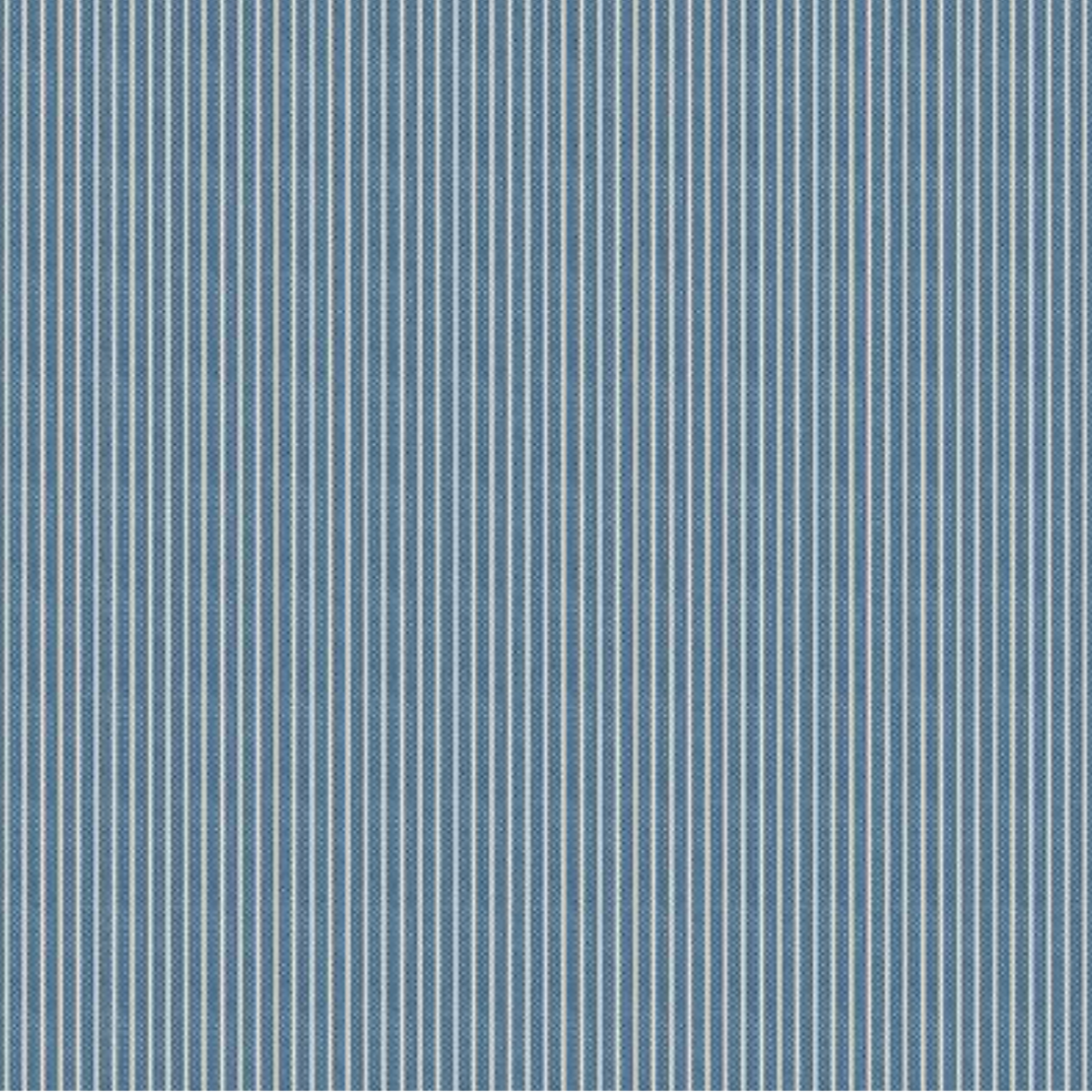 A close-up of a fabric with narrow stripes in slate blue and white.