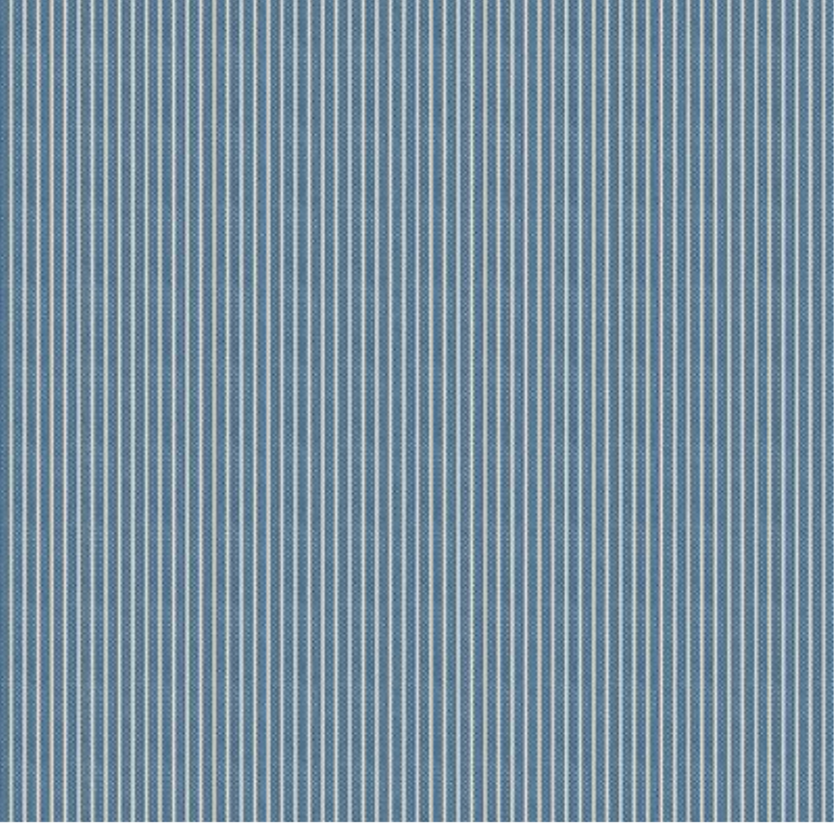 A close-up of a fabric with vertical stripes in slate blue and white.