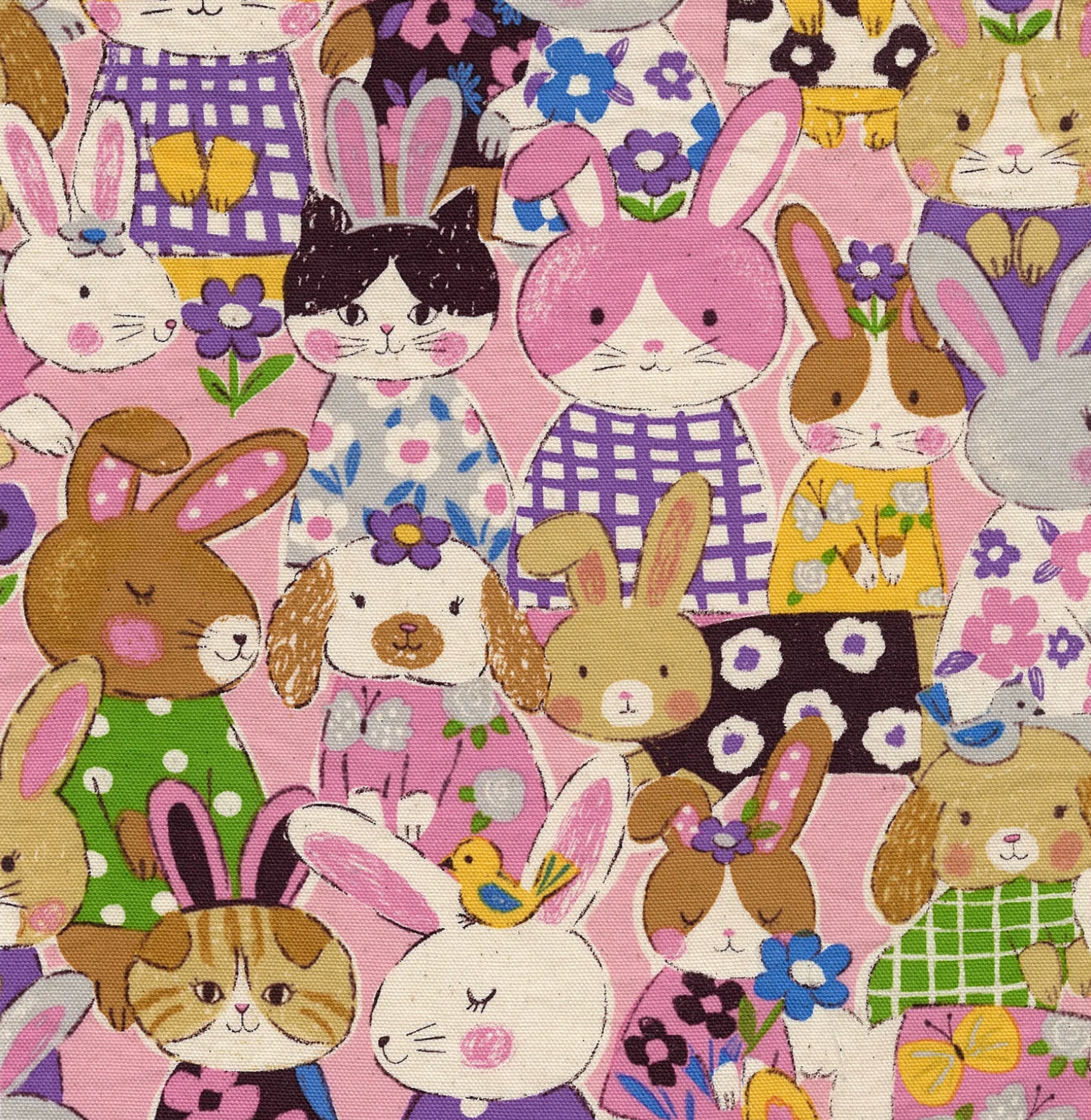 A close-up of a patterned fabric featuring a whimsical, hand-drawn style illustration of bunnies, cats, dogs, flowers, and butterflies on a pink background.