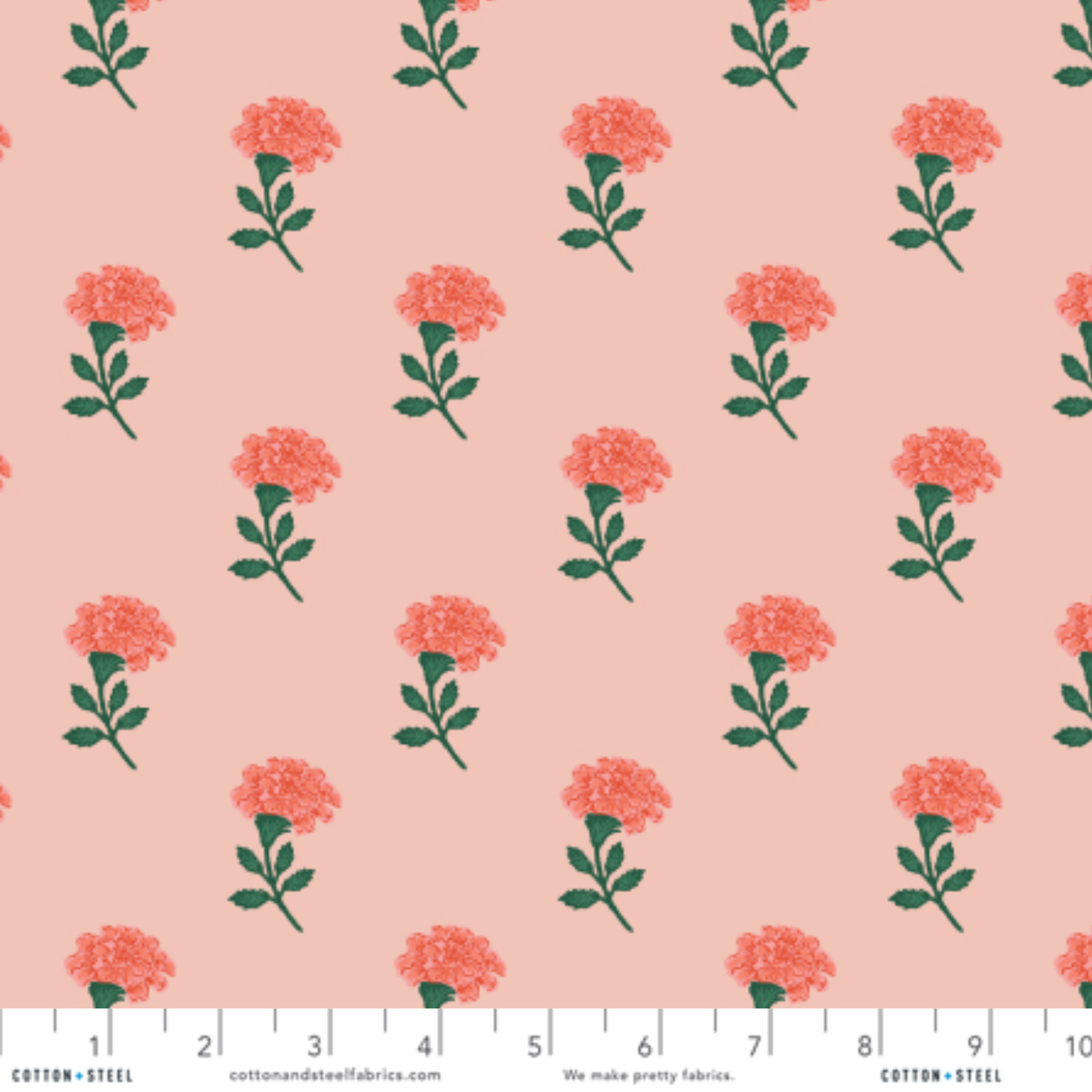 A repeating floral pattern on a soft peach-pink background, featuring coral-pink flower clusters with green stems and leaves. A ruler scale and the text 'COTTON+STEEL' and 'cottonandsteeffabrics.